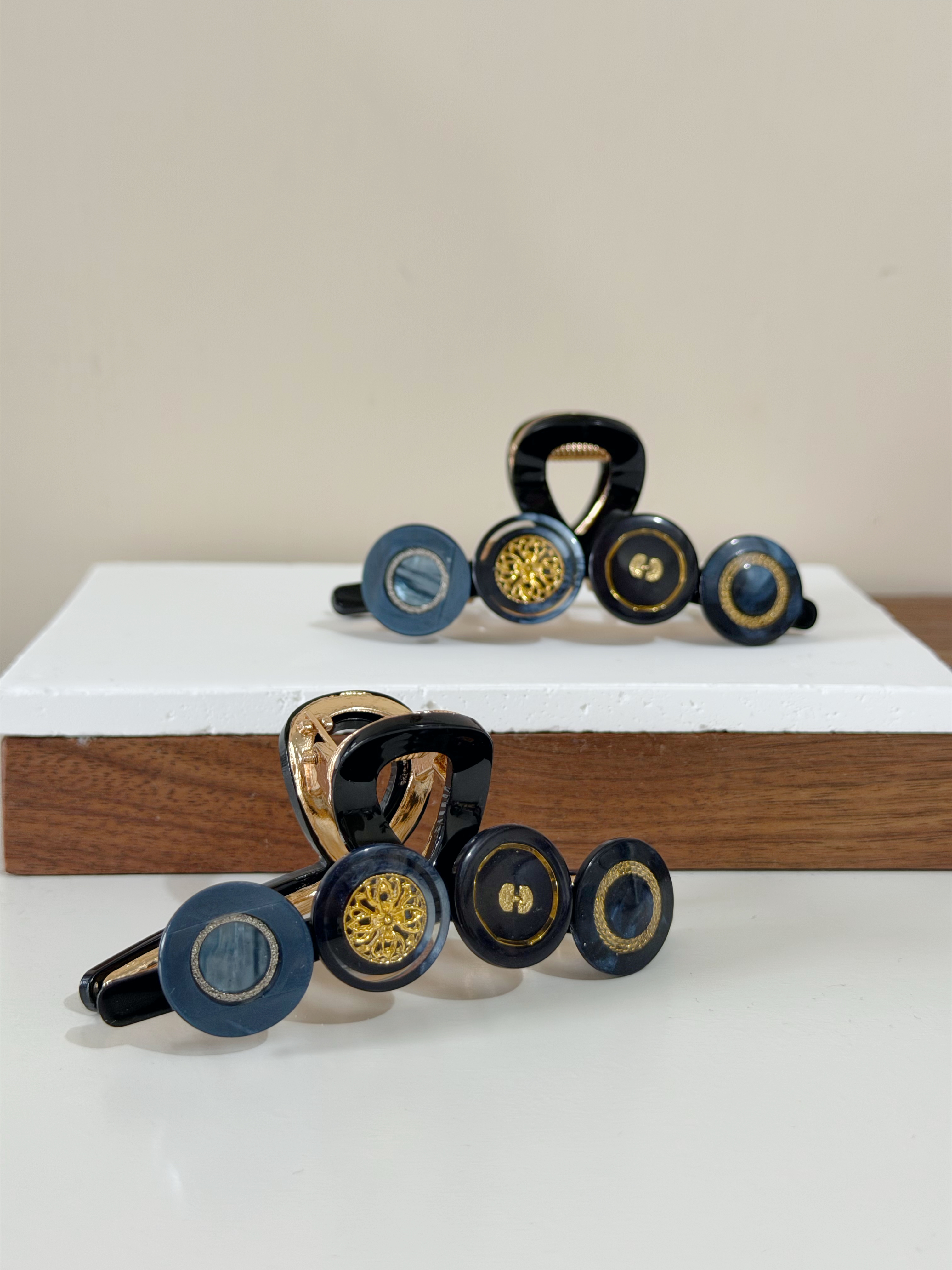 復古鈕扣髮夾/黑色系 8cm長