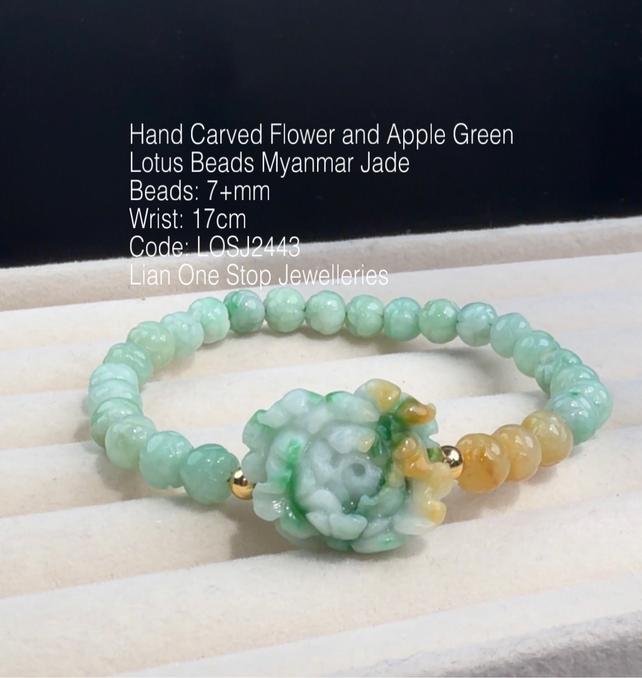 Code: LOSJ2443 Hand Carved Flower and Apple Green Lotus Beads Myanmar Jade 7+mm