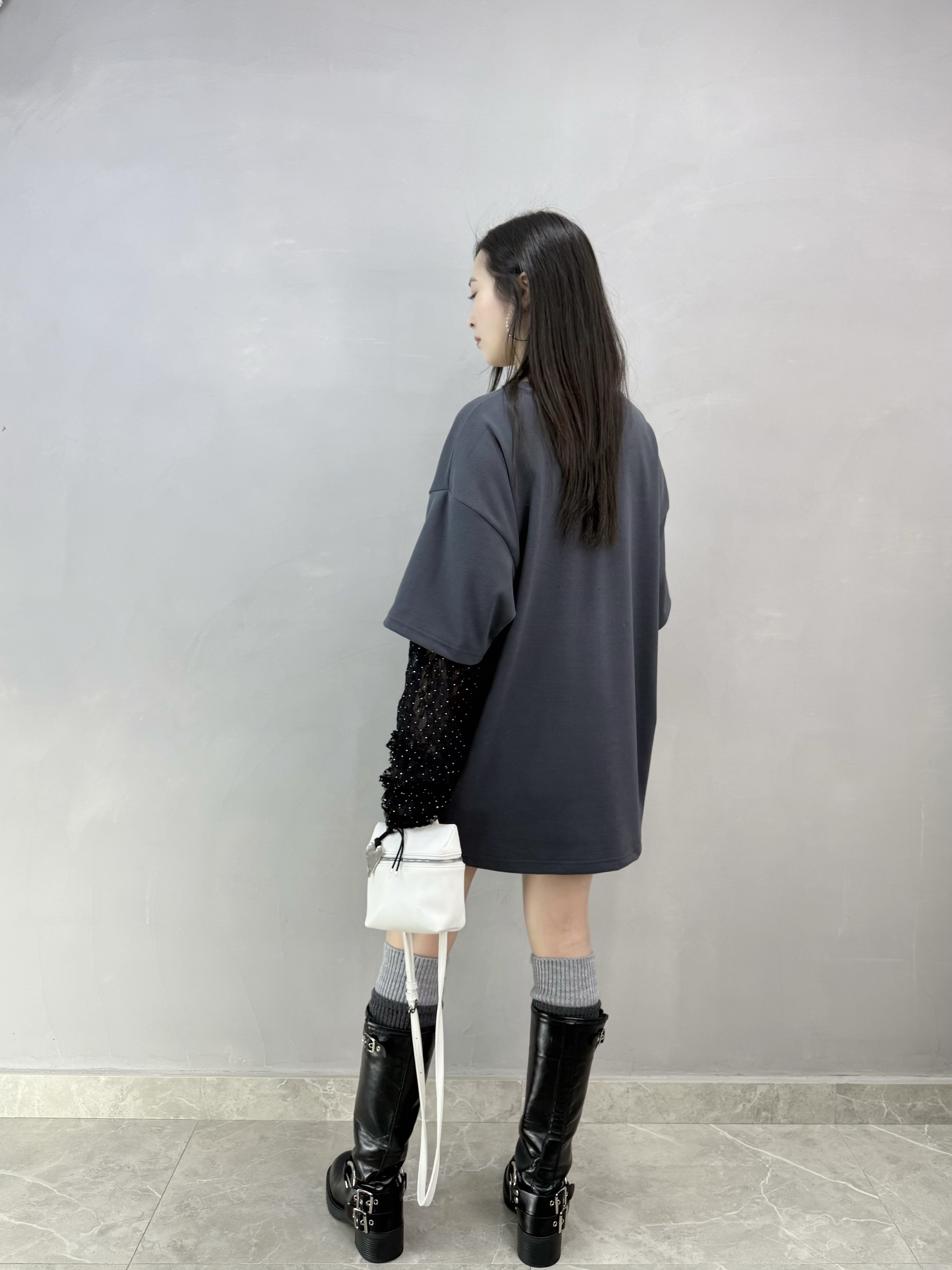 E68 lace袖花花print tee