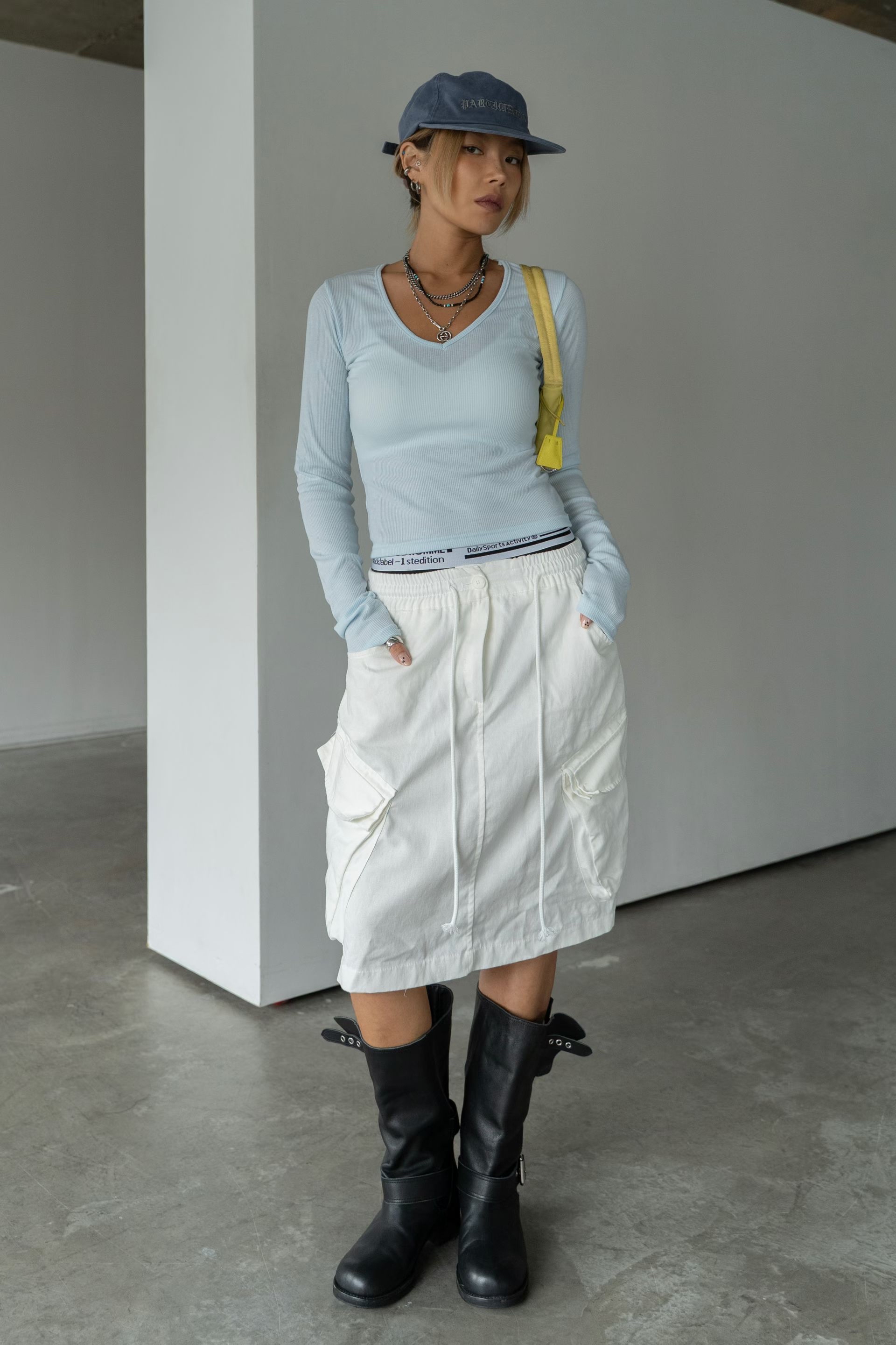 橡筋腰斜布工裝短裙