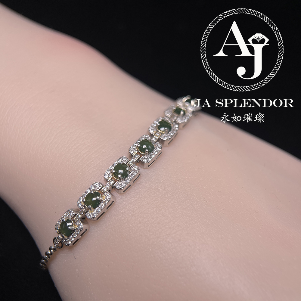 K05 天然翡翠A玉 墨綠蛋面純銀手鏈（不參與任何折扣活動）