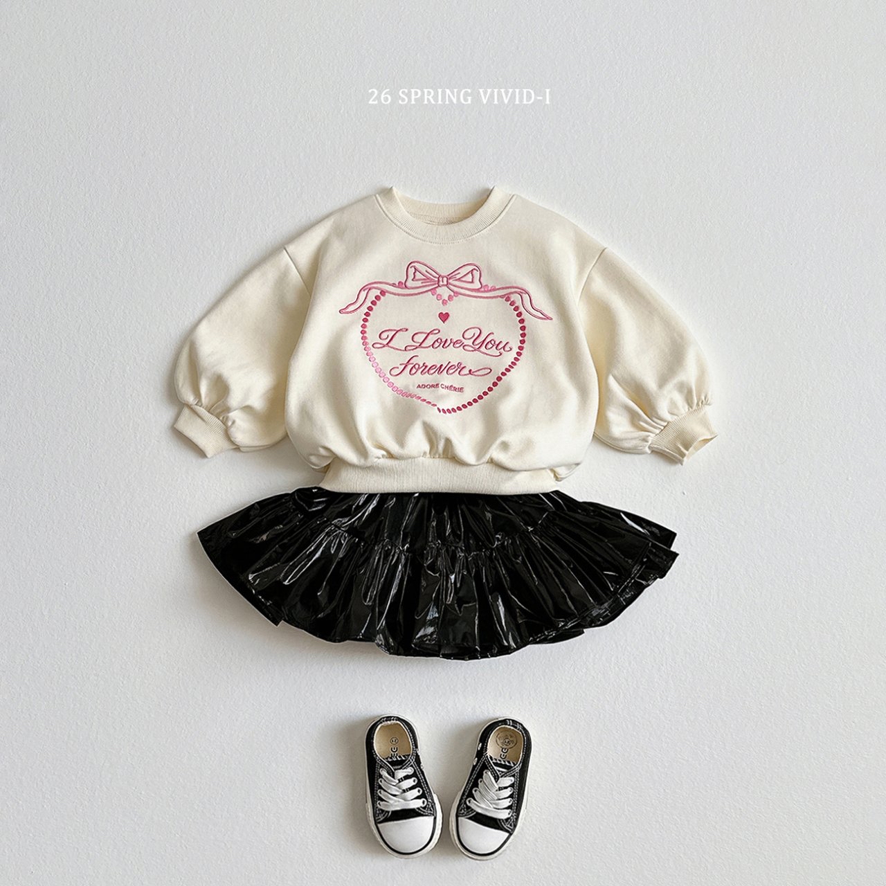 🌸預訂 韓國直送🌸🇰🇷VIVIDI三色永遠愛你心形刺繡泡泡袖喇叭褲上下套裝