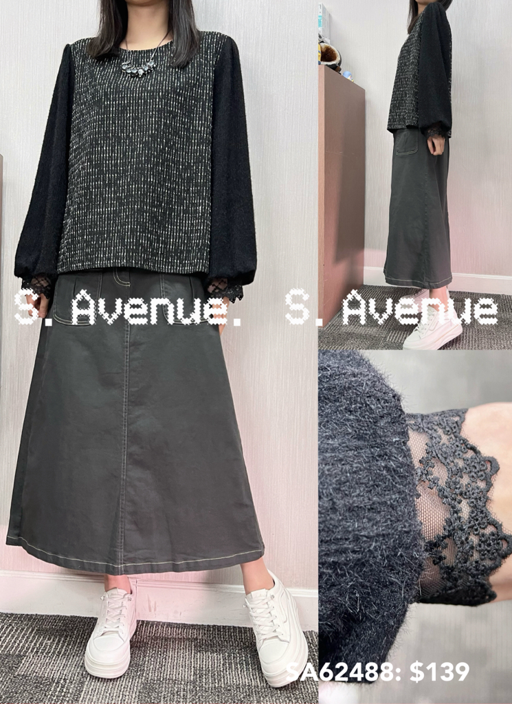 SA62488: 長袖lace燈籠袖衫拼tweed料top