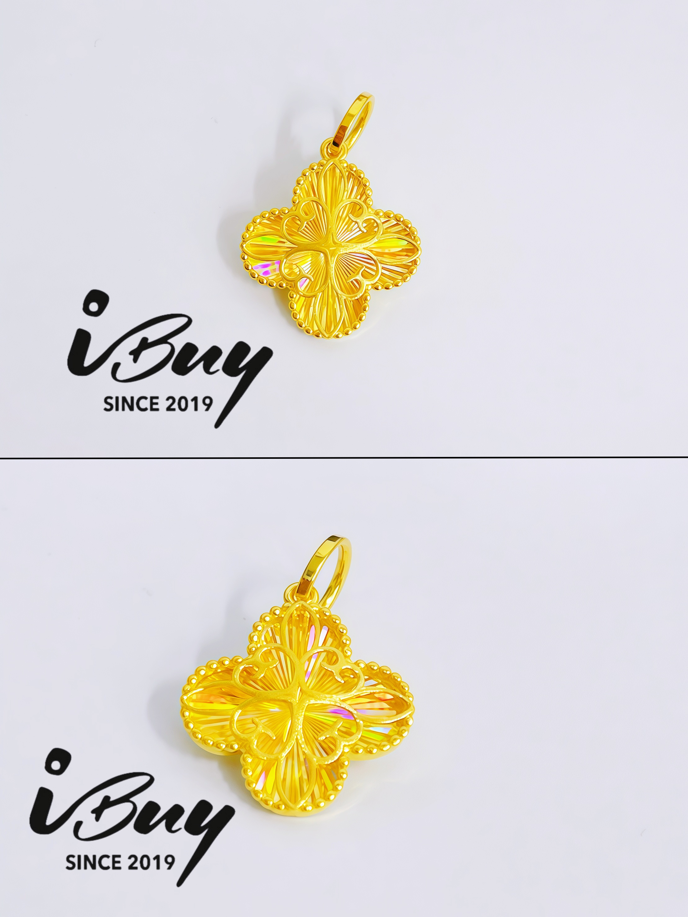916 GOLD NORTHERN LIGHT LOVE FLOWER PENDANT 916 金 极光四叶草双层爱心吊坠