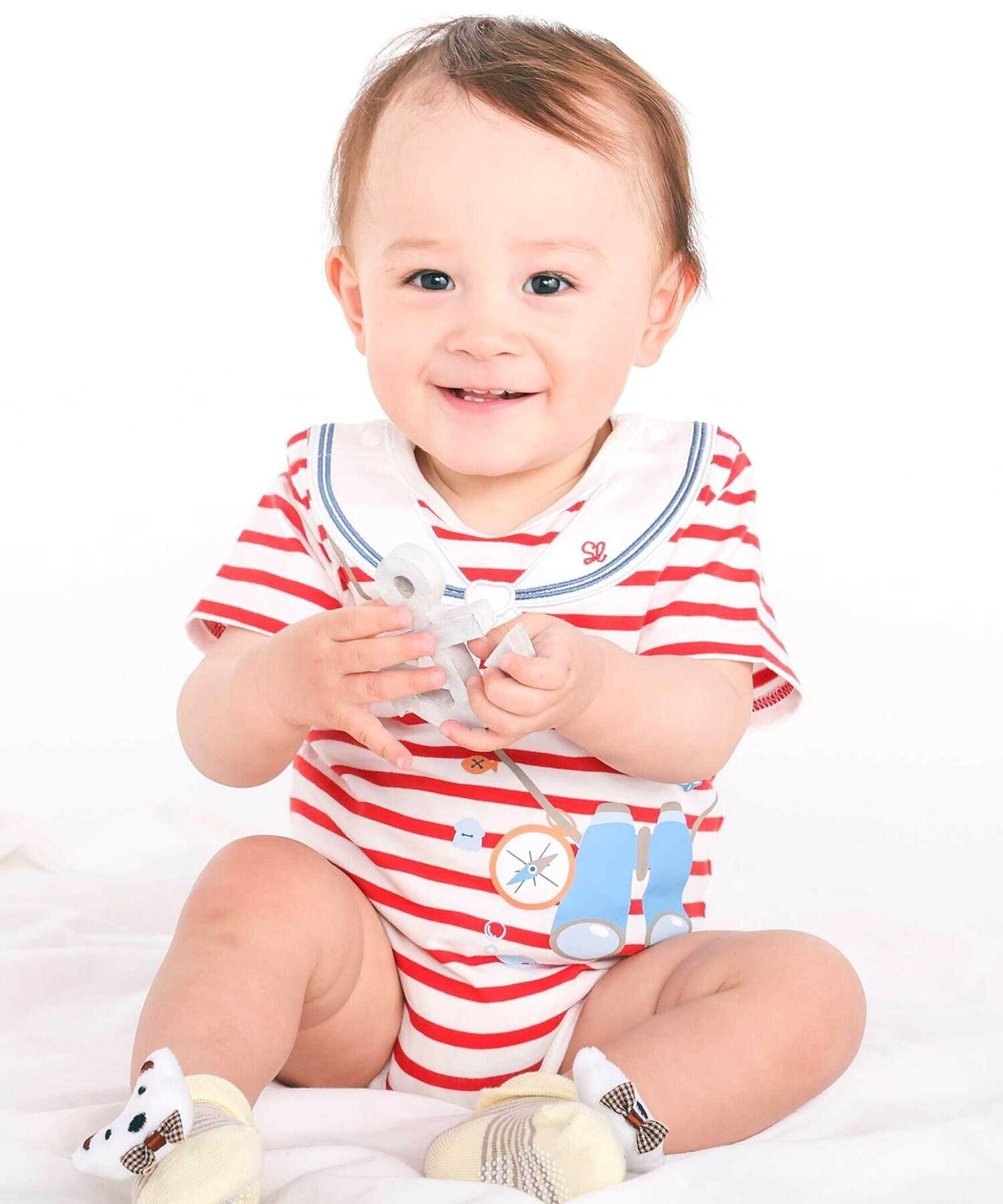 🇯🇵預訂 日本直送🇯🇵Slap Slip Baby兩色指南針望遠鏡印花水手領貼花短袖包屁衣