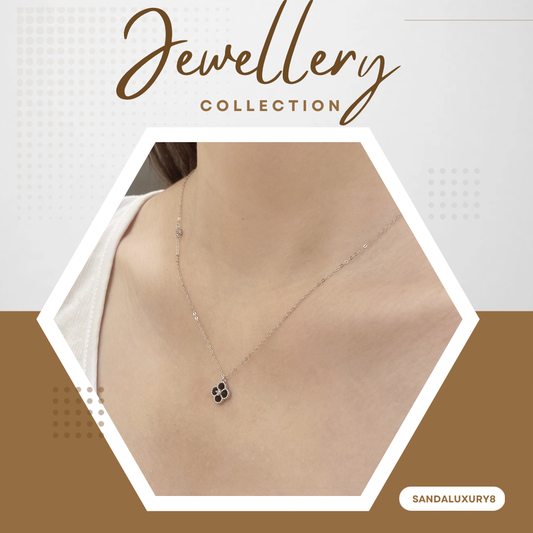 Silver Clover Necklace with Diamonds  - SANDALUXURY8