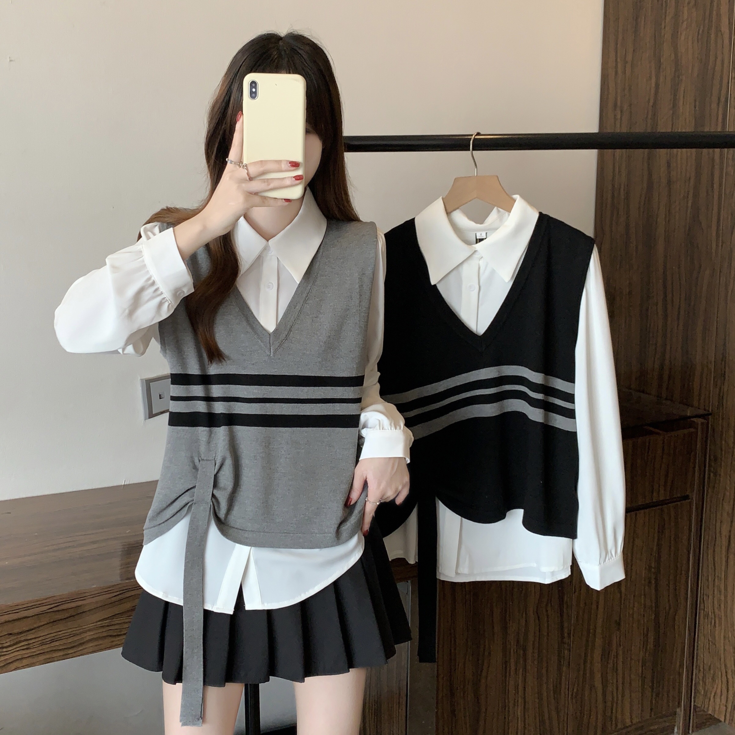B140(69420+62158) 韩系长袖白衬衫与撞色条纹下摆飘带黑灰针织马甲两件套上衣