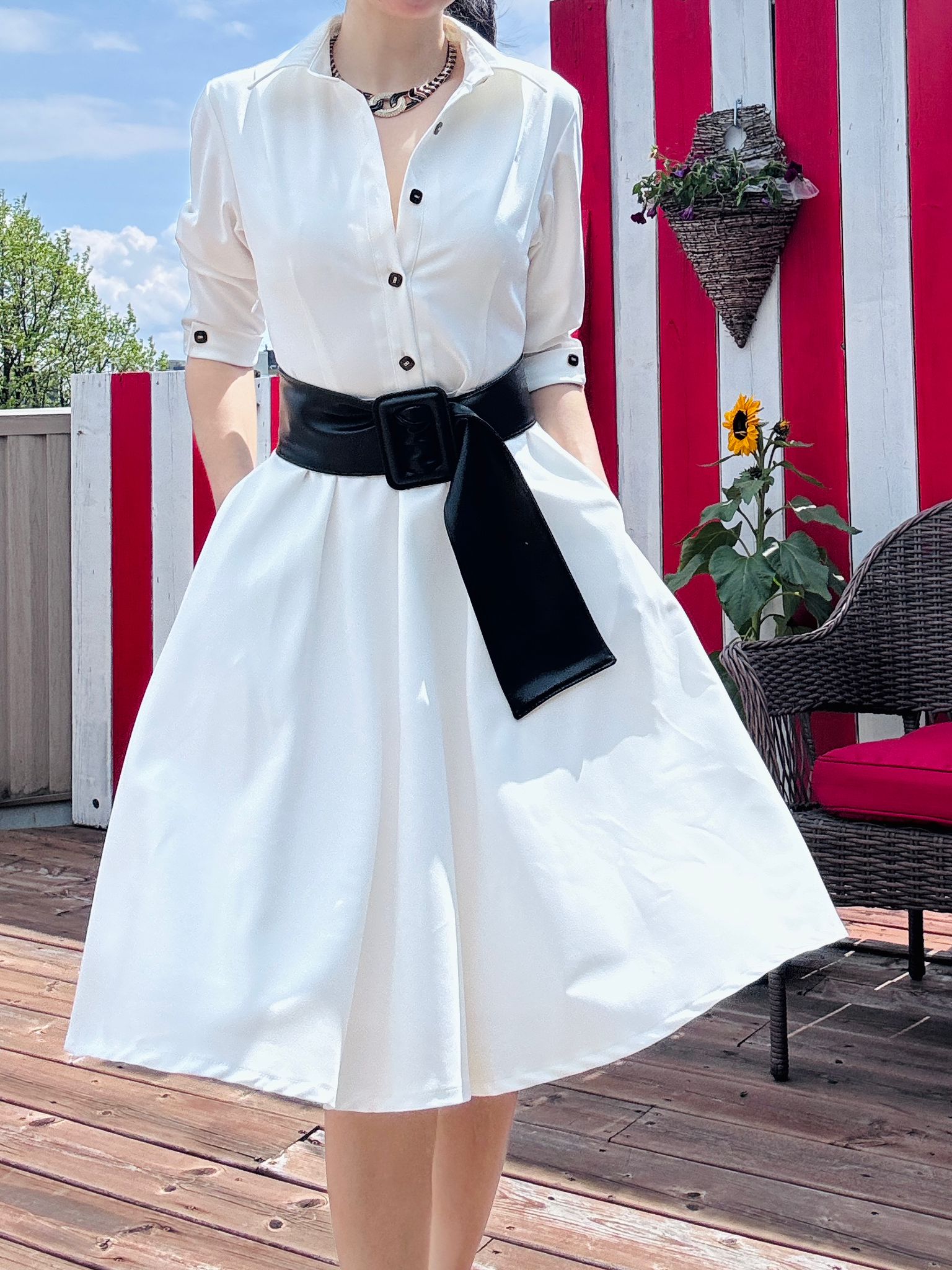 (Custom-Made) Ivory Heirloom Shirtdress with Vintage Buttons and Belt (FM237)