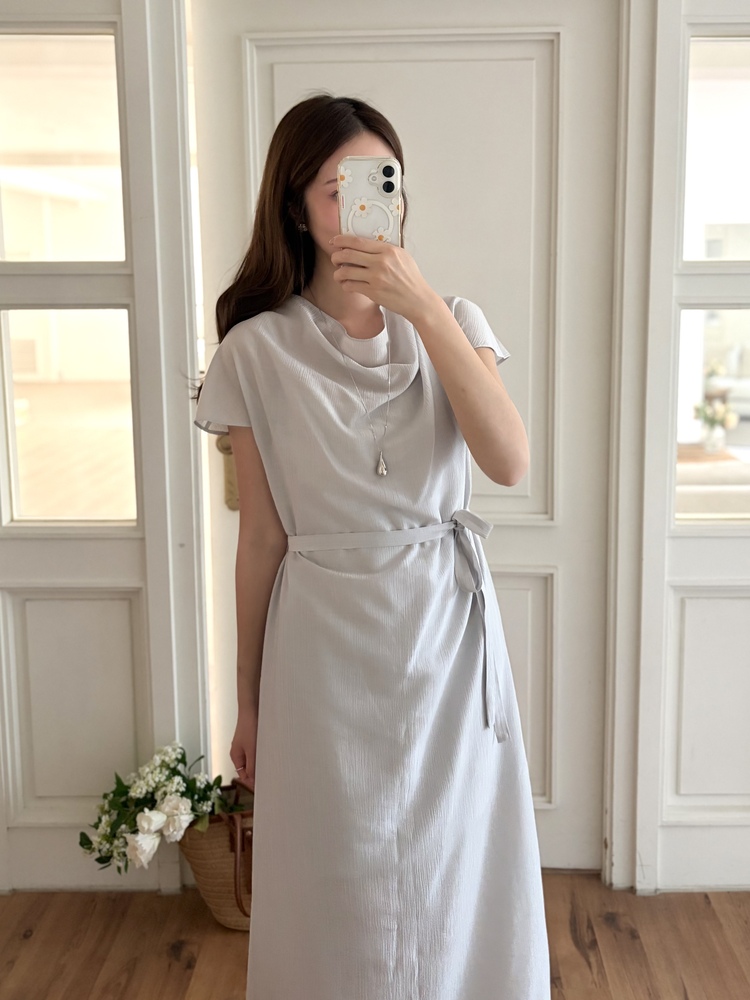 Draped Neck Dress with Inner Slip (Misty Blue)