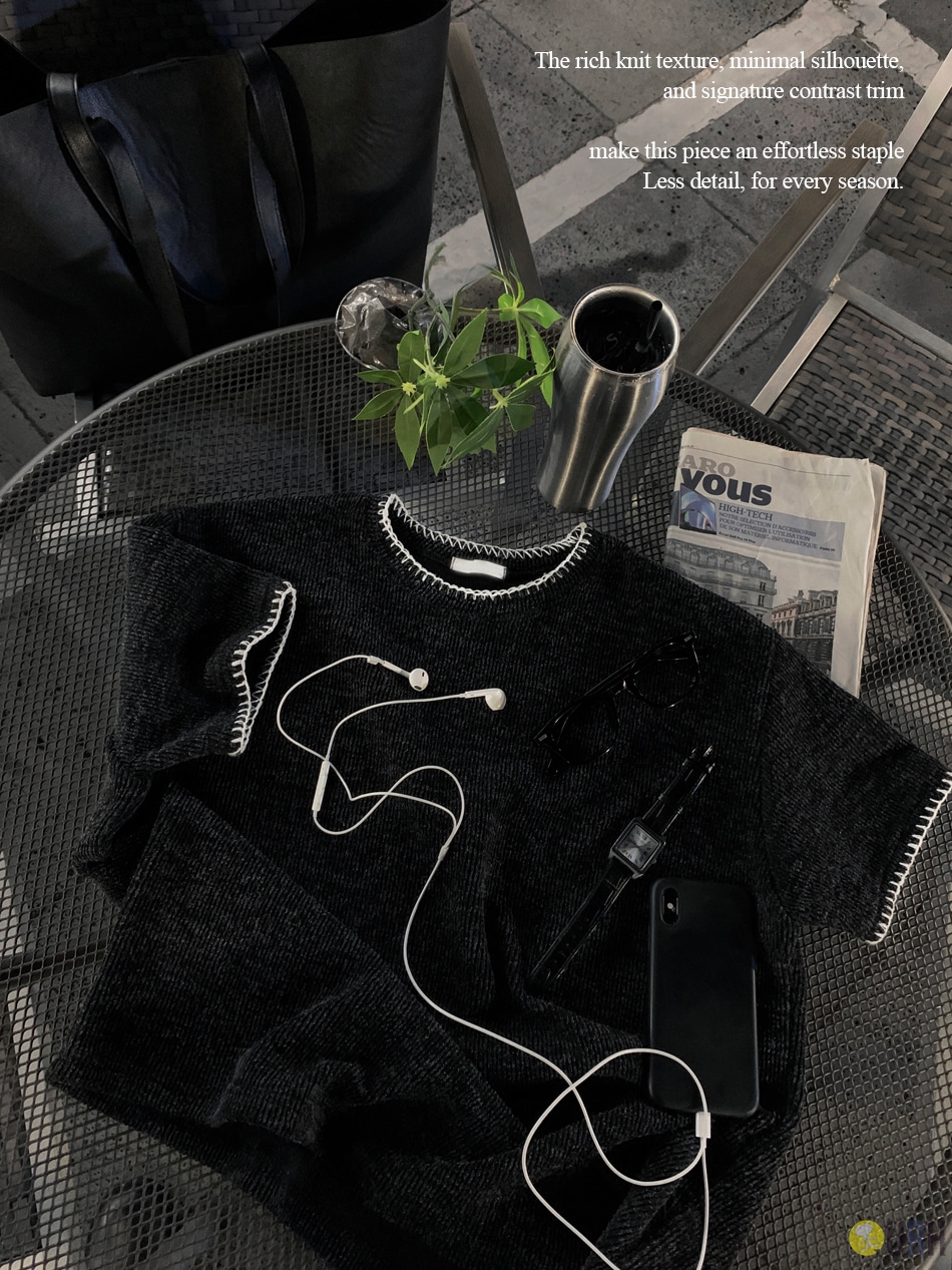 【100%保證韓國直送】Raven Stitch Crop 撞色針步鎖邊修身短袖針織衫 👕 [6 color] RL115155