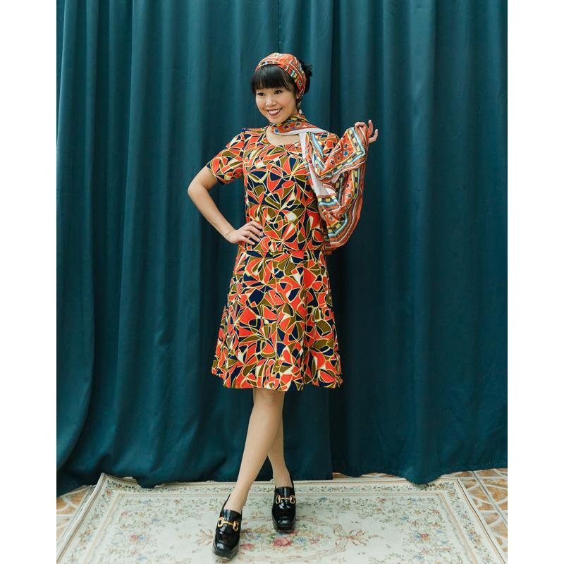 C..a 1960s Psychedelic x MOD Geometric Pattern Low Waist A-Line Dress from Canada (MT934)