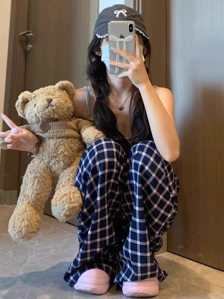 B217(5077) 韩系休闲慵懒风格纹松紧腰蓝直筒长裤