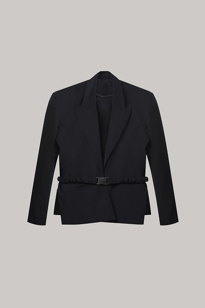 Black Tailored Belted Blazer with Structured Lapels