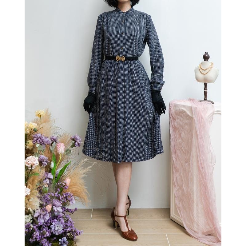 Vintage Japanese Ronshoin Polka Dot High Collar Button Up Pleated Dress(MT1608-94)