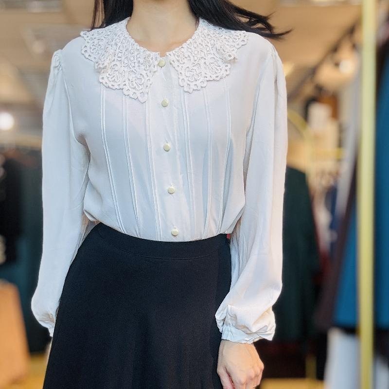 Vintage Japanese White Blouse with Cotton Crochet Collar (PP001-30)