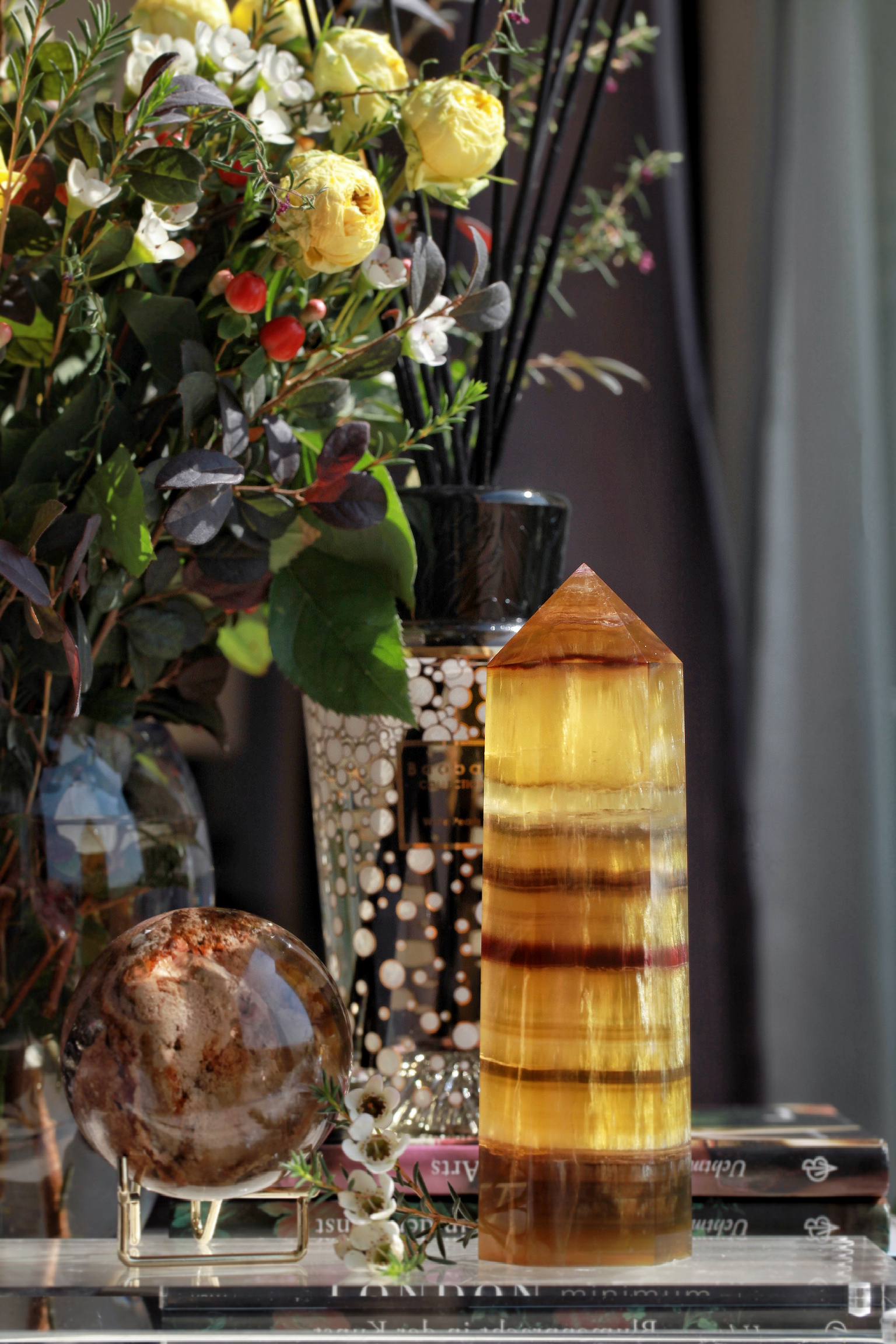  ༒18.6cm+黃螢石千層紋六角柱༒ FL.3502C82G10FM-RB5*