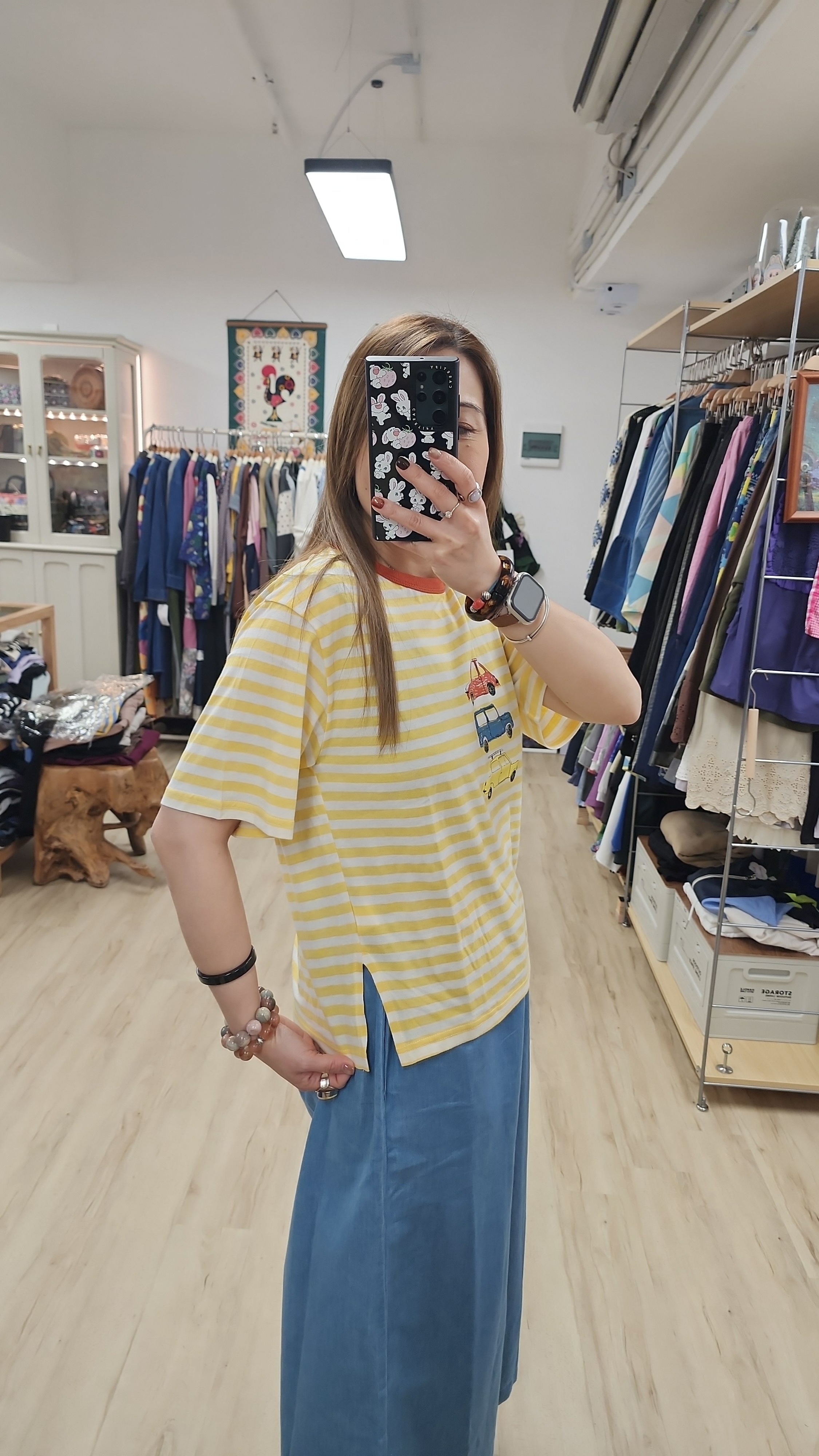 韓國黃白橫間車仔印圖Tee