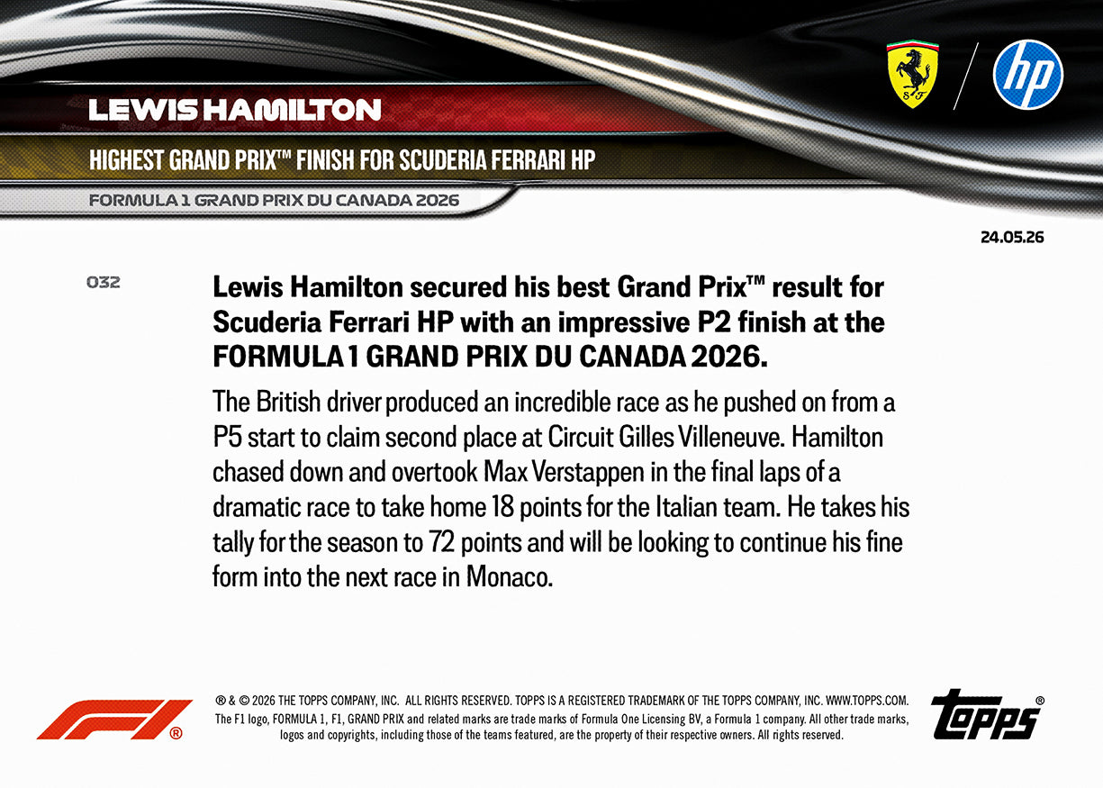 Lewis Hamilton - 2026 F1 Topps NOW® #32 Canadian GP Ferrari最佳正賽成績卡｜PR 5,960