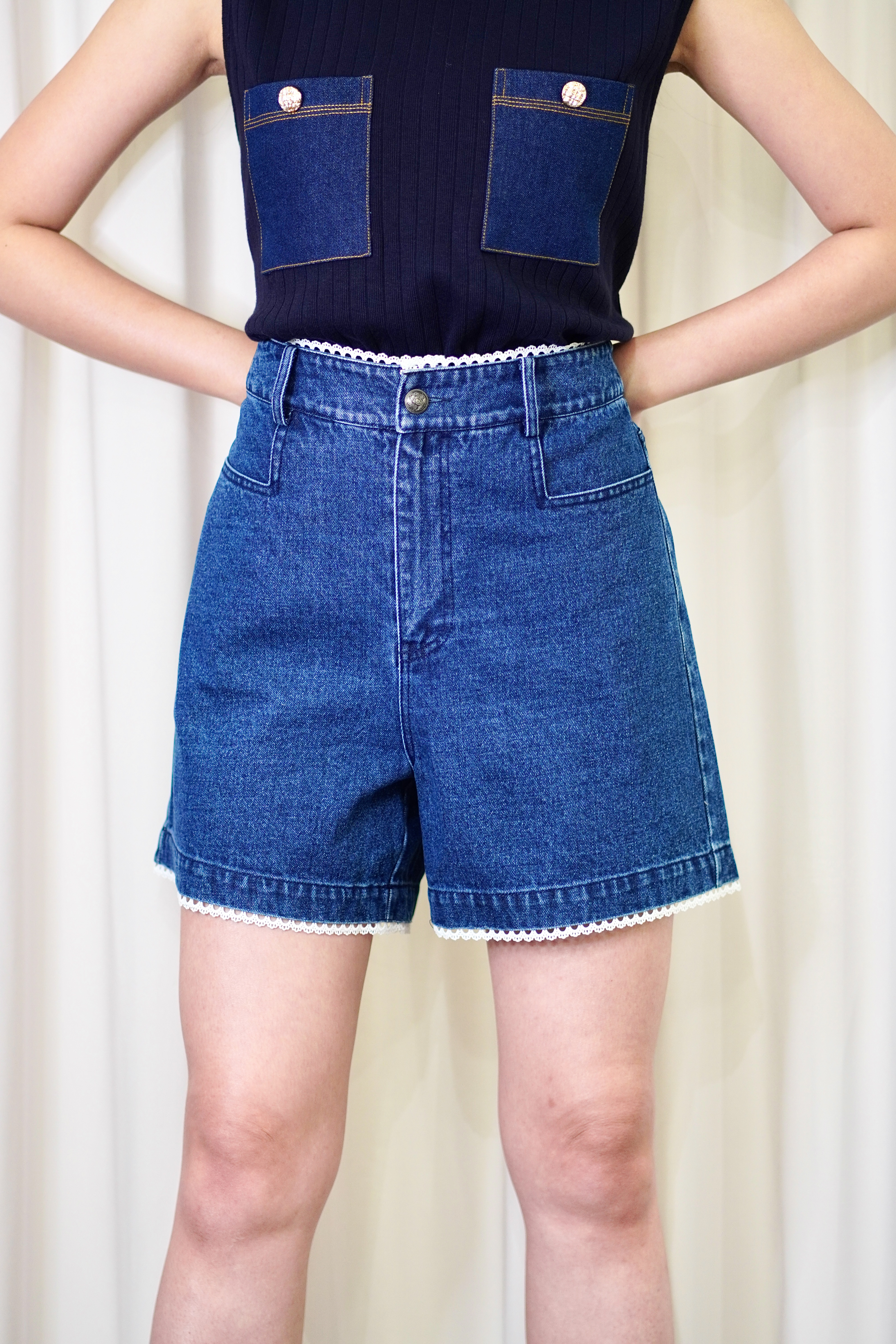 965408 Lace Trim High-Waist Denim Shorts