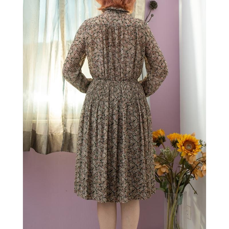 Vintage Japanese Joynana Autumn Floral Ruffle Trimmed Chiffon Dress / Long Sleeve Dress (MT1840-2)