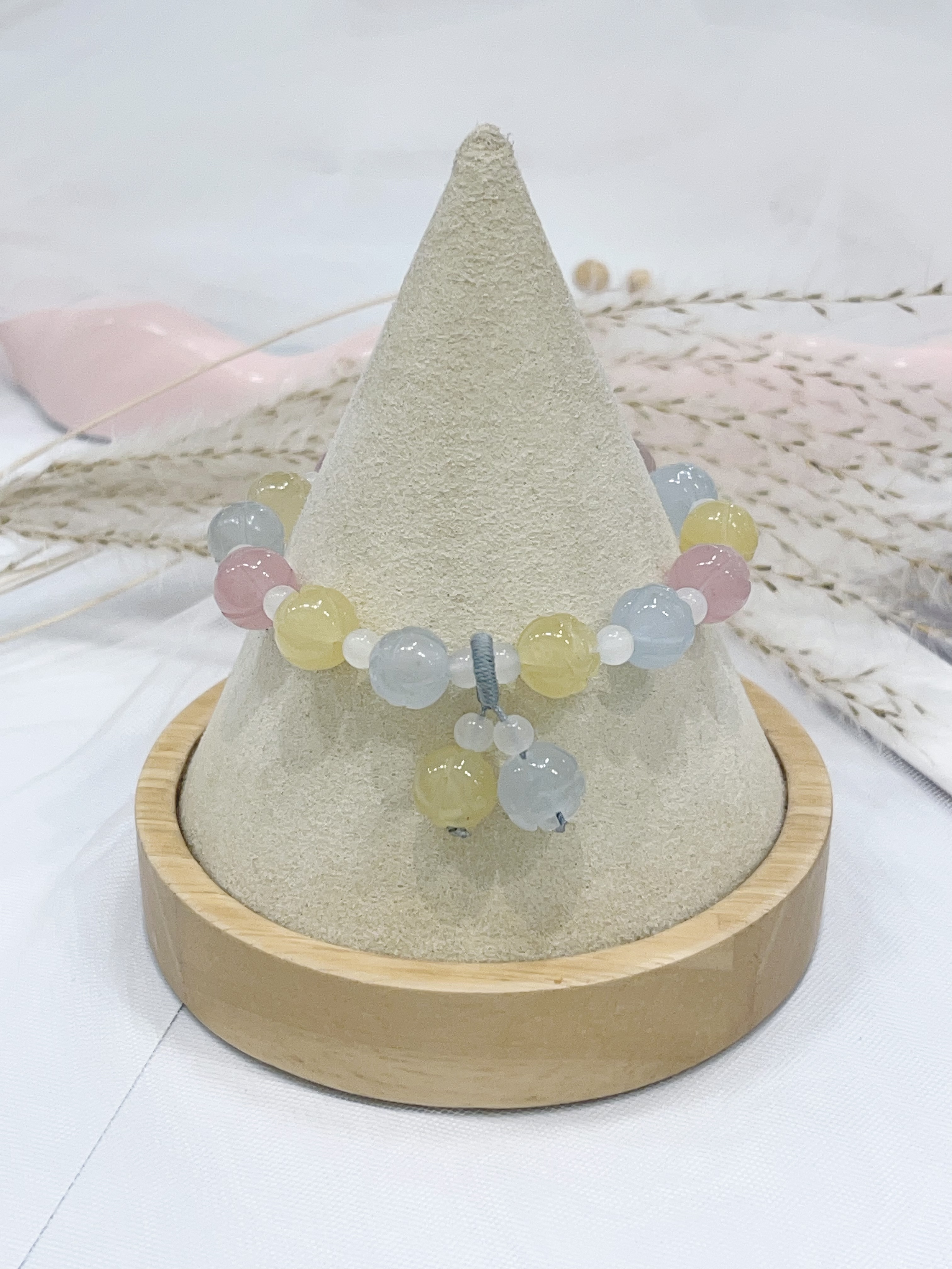 🌸 马卡龙金丝玉莲花手串 Macaron Golden Silk Jade Lotus Bracelet | 9mm