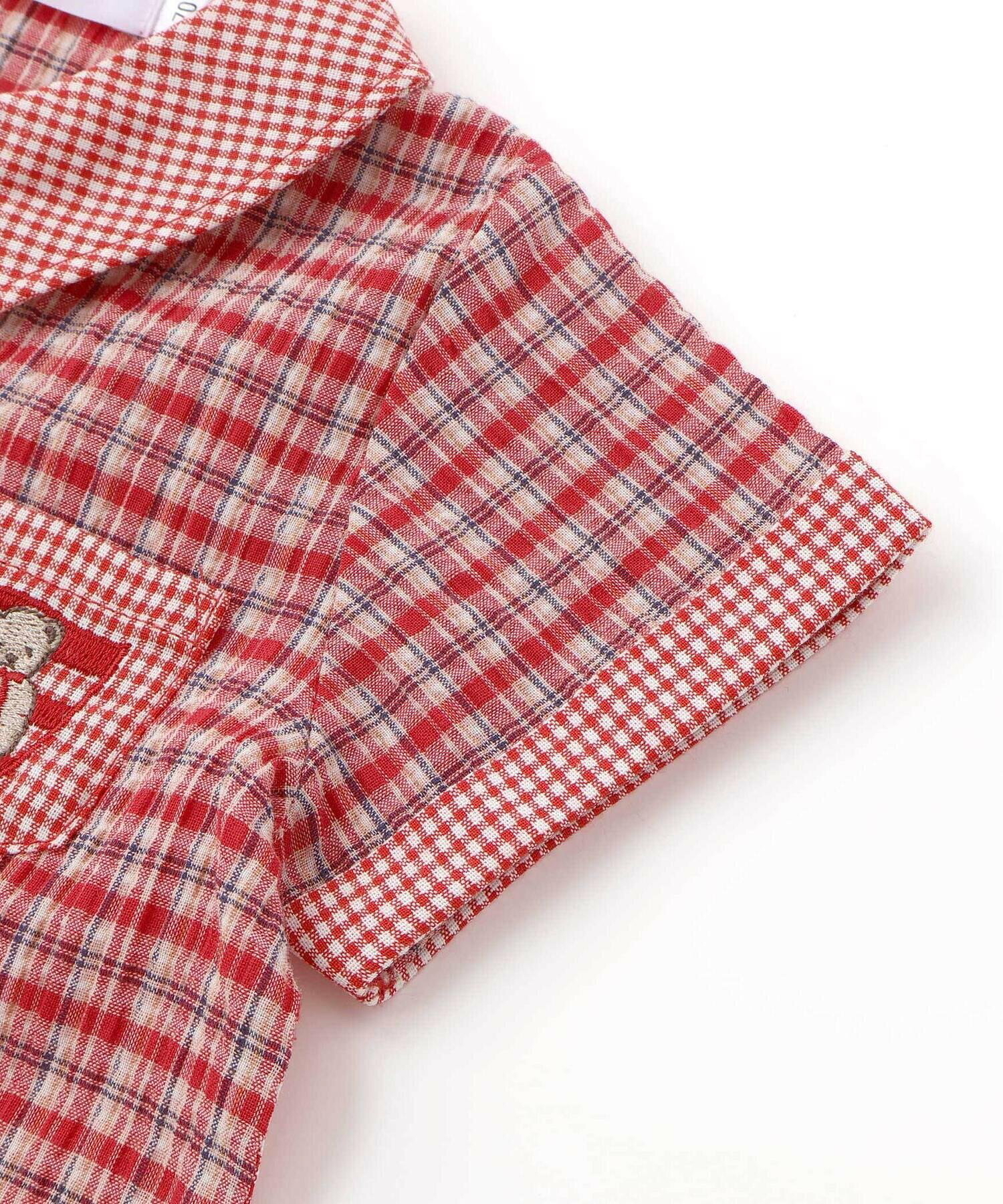 🇯🇵預訂 日本直送🇯🇵Slap Slip Baby兩色小熊刺繡口袋格紋翻領短袖連身服