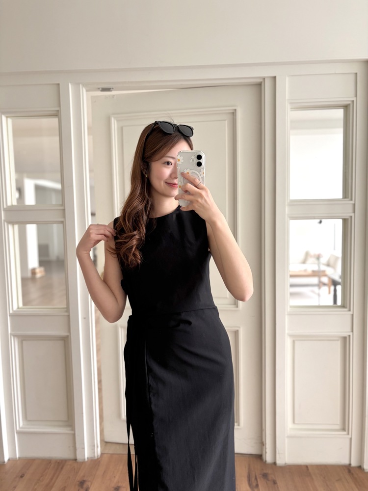 Gathered Waist Tie Dress (Black)