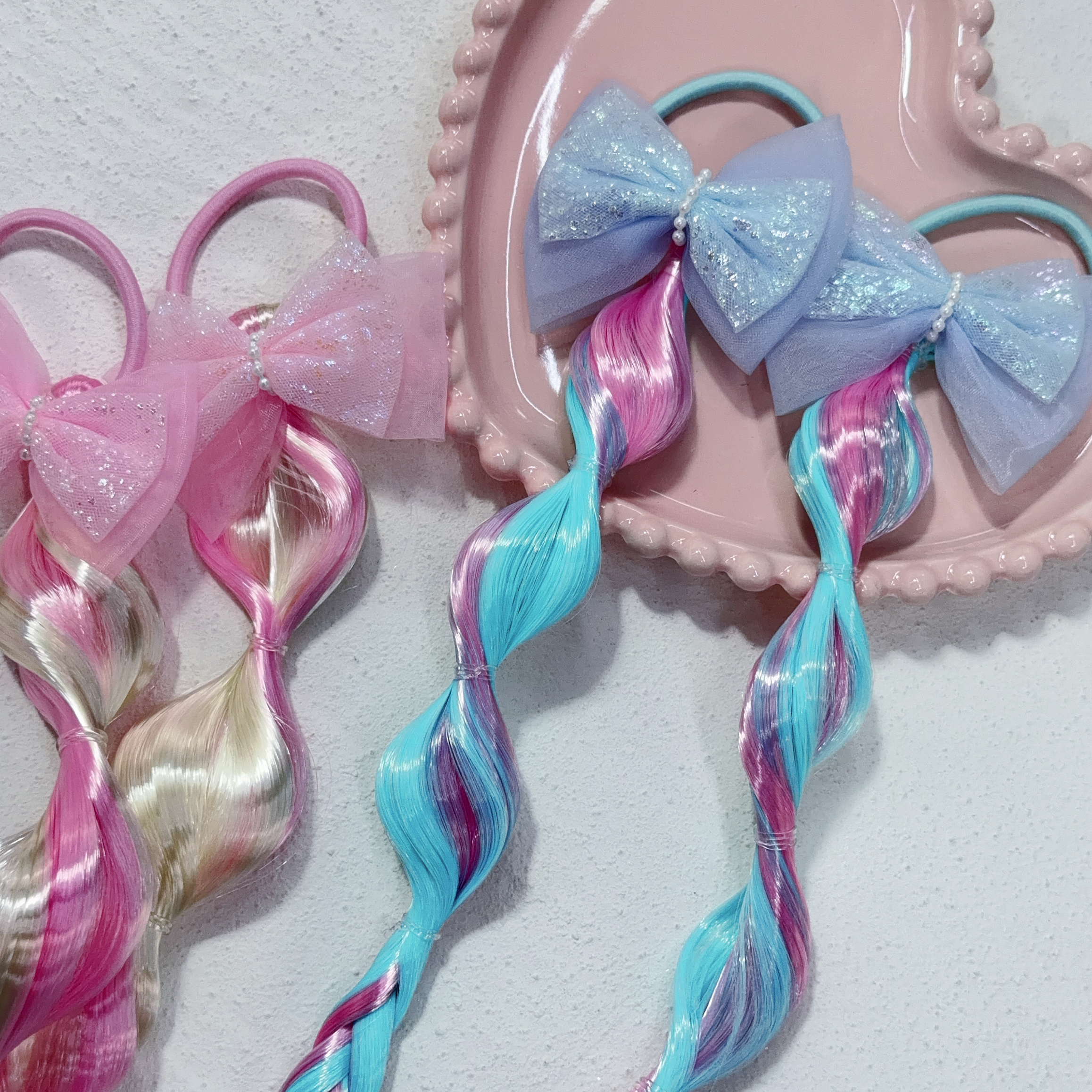 Girls Colorful Bubble Braids Wig Hair Ties with Glitter Bow 女孩繽紛泡泡假髮辮子髮圈附閃亮蝴蝶結