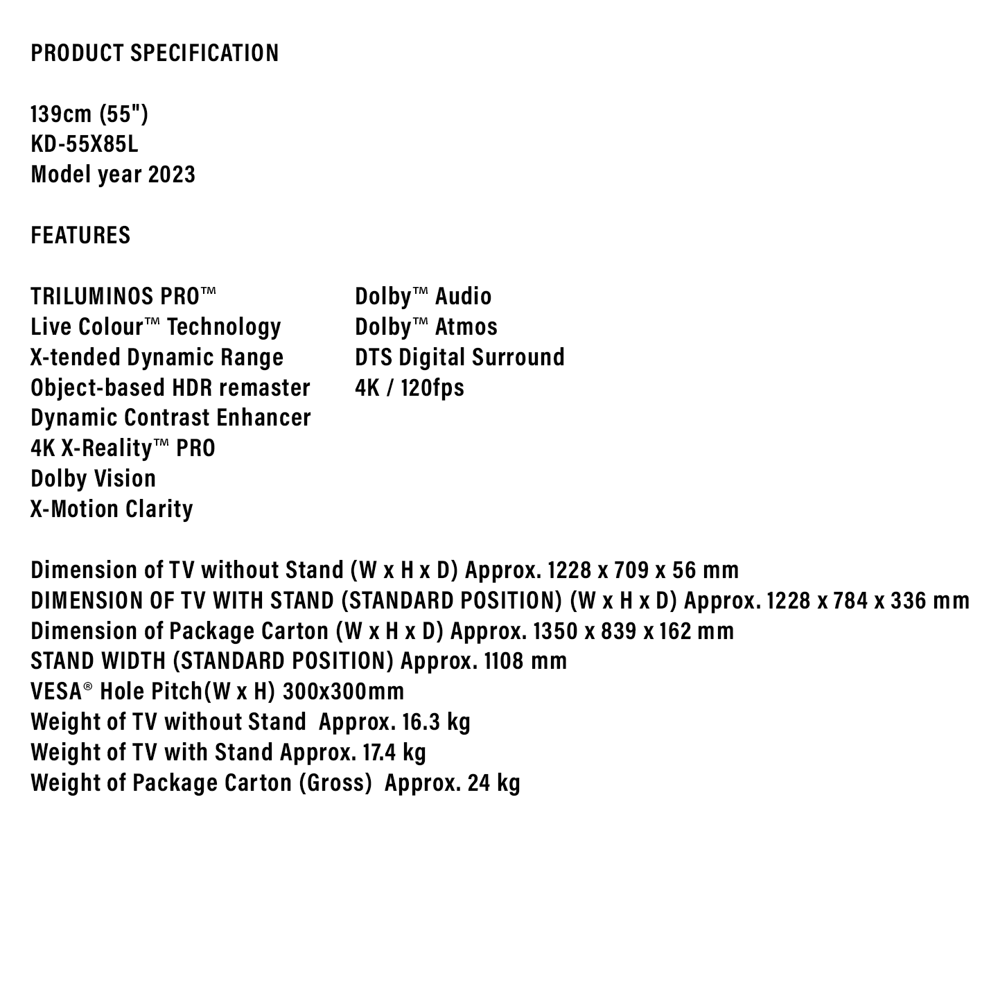 Sony 55" 4K Full Array LED Google TV (KD-55X85L)