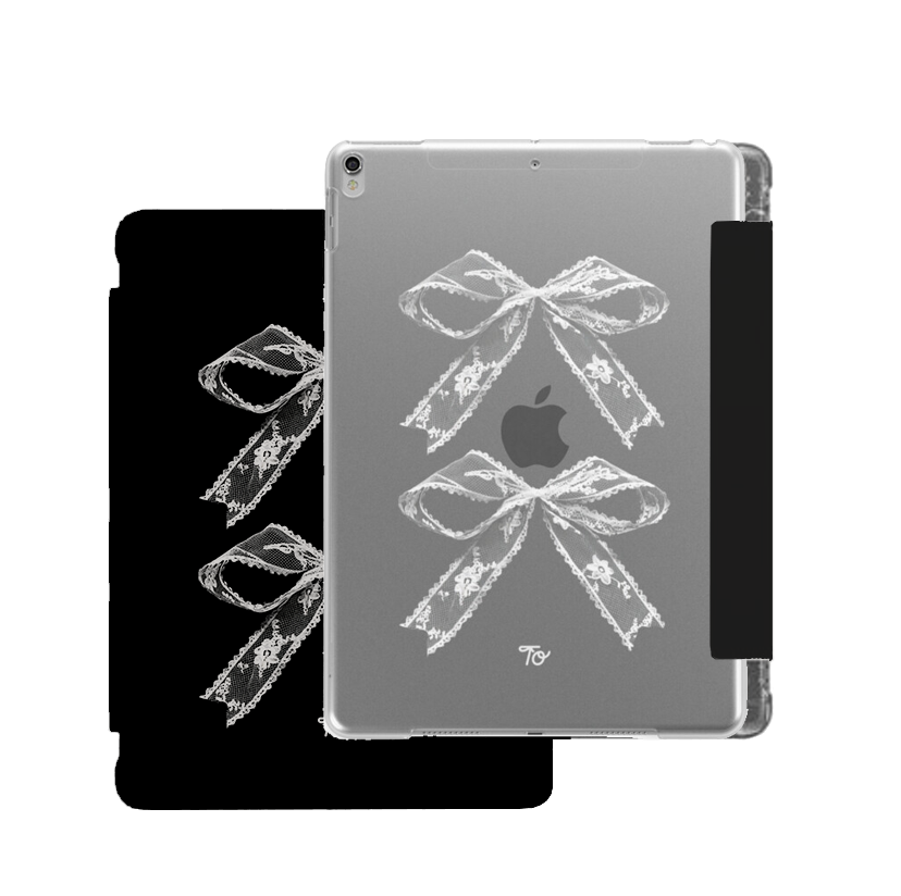 【Black x White Lace Ribbon】透明磨砂書本式 iPad Case