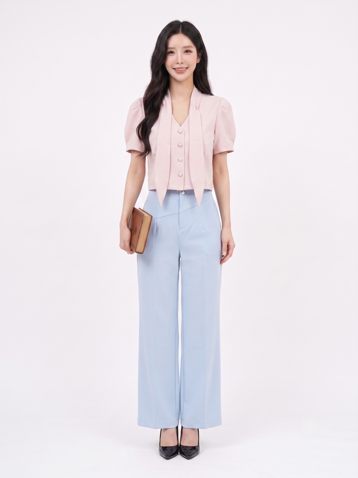 2151BB Avery Pearl Tie-Neck Crop Blouse