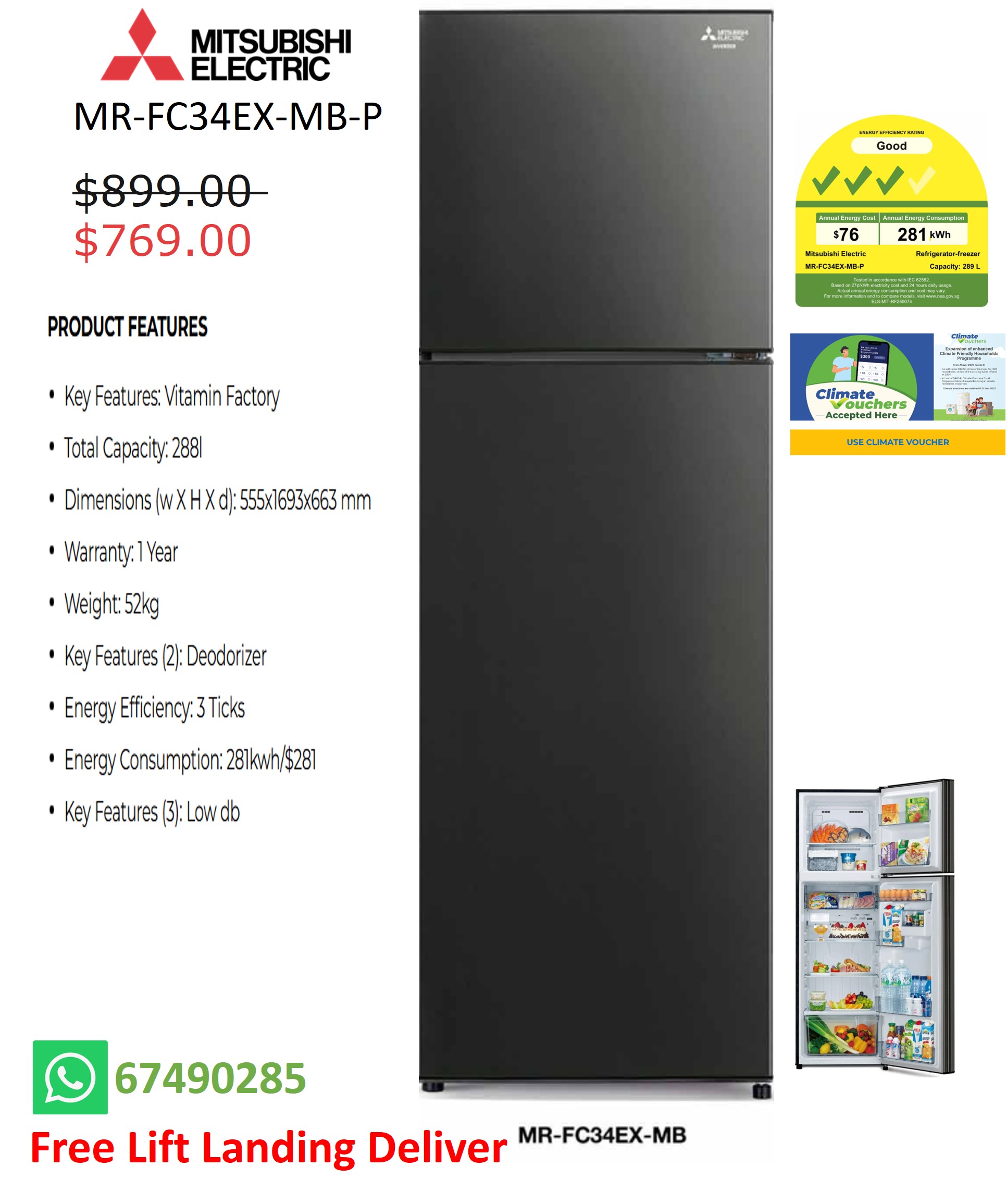 MITSUBISHI MR-FC34EX-MB-P TOP MOUNT FRDIGE (288L) - MATT BLACK