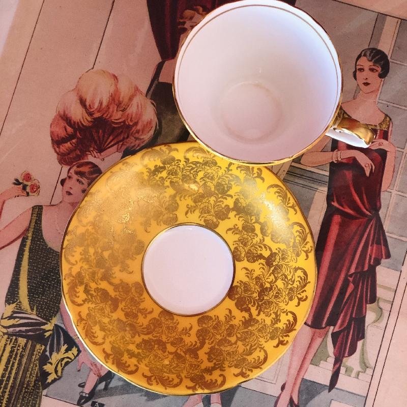 Vintage C.a. 1950-60s Ansley Gold & Yellow Corset Tea Cup Tea Set Duo (MT1431)