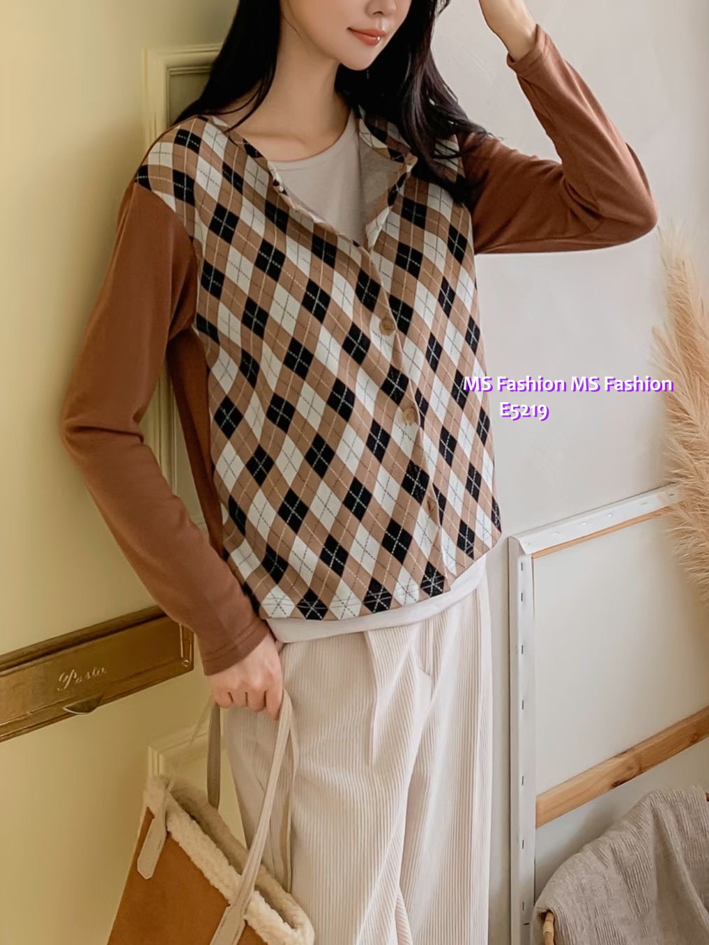 E5219 格紋pattern假兩件top