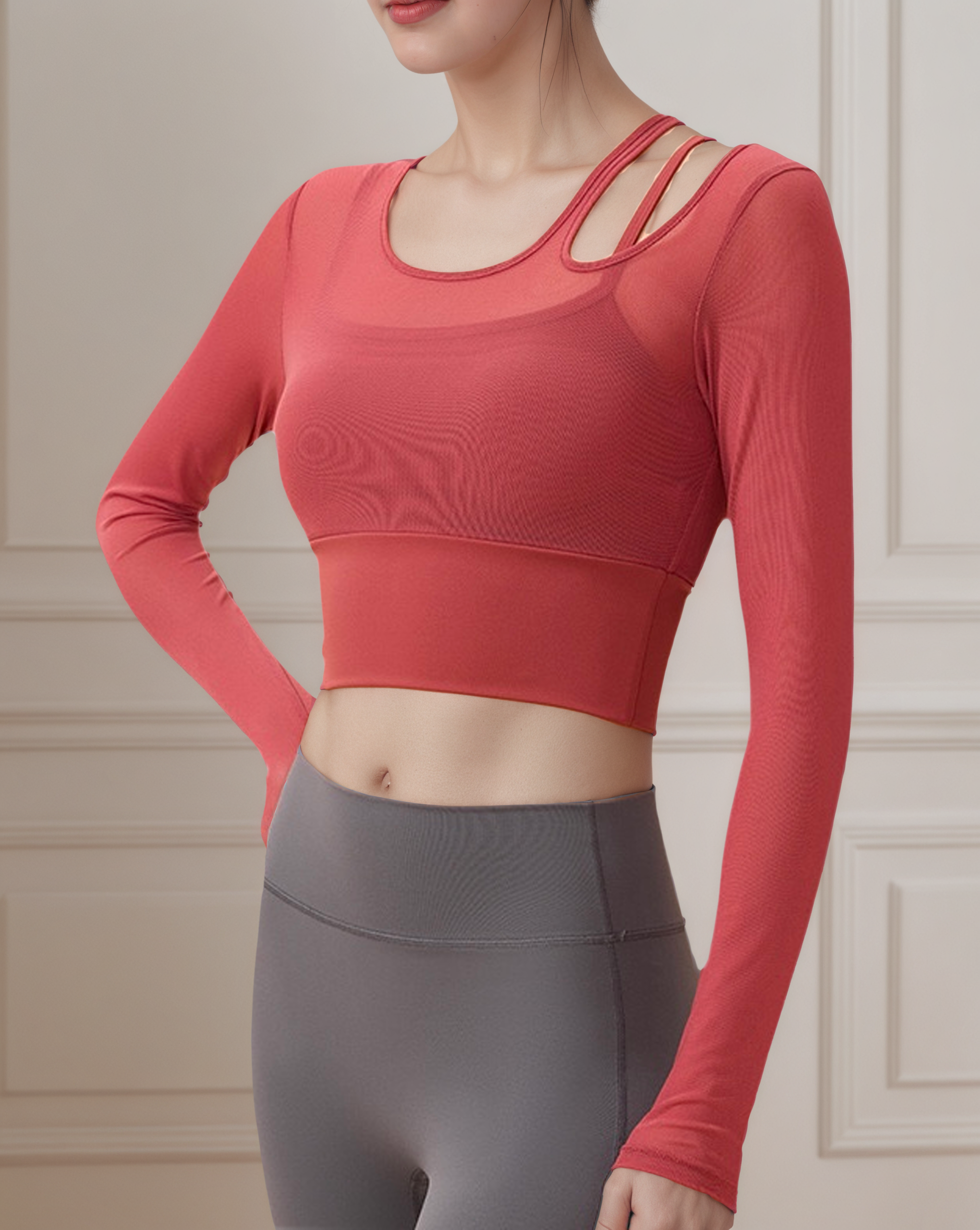 單肩鏤空網紗假兩件瑜珈長袖上衣