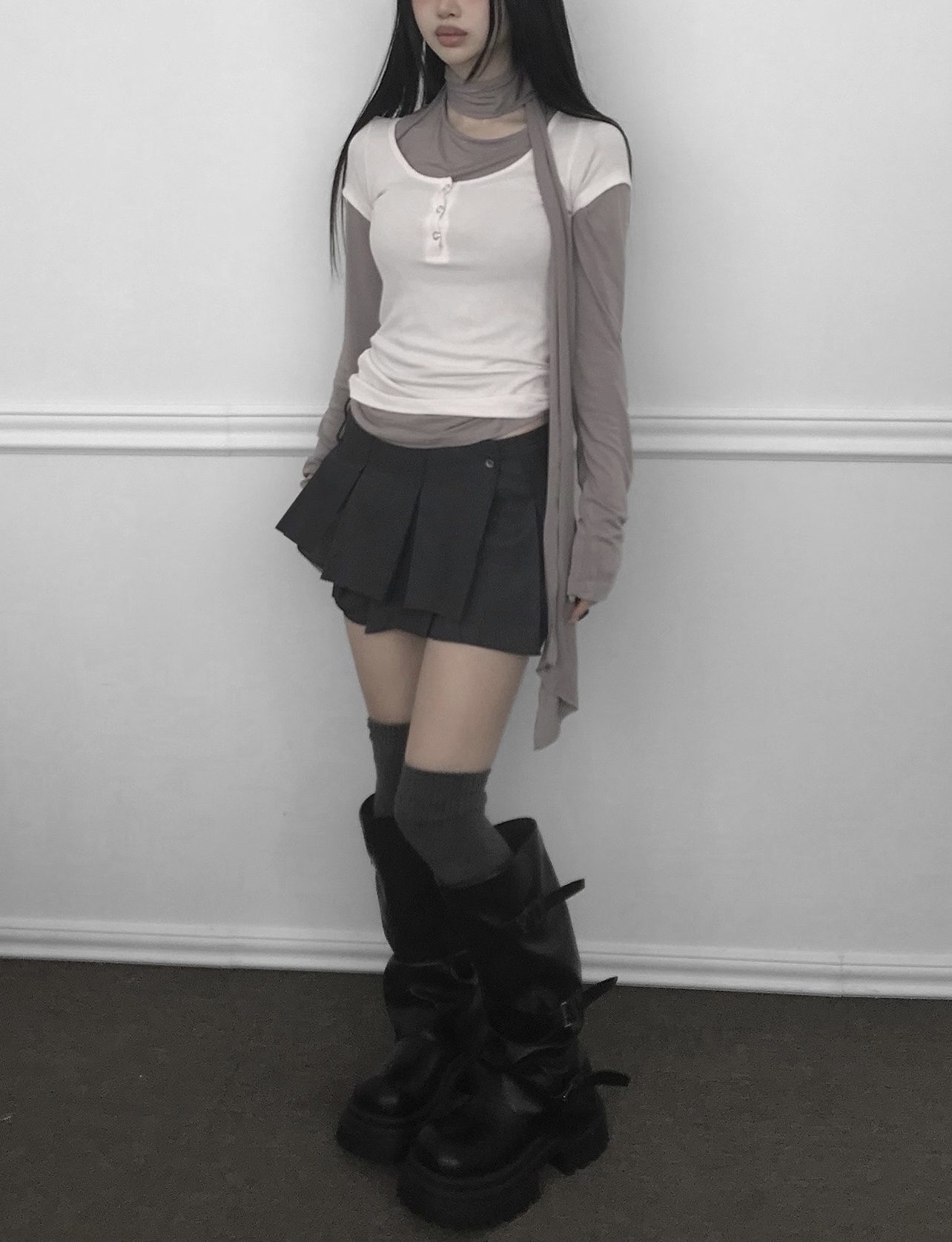 Ruched Button Long Sleeve with Scarf Tie