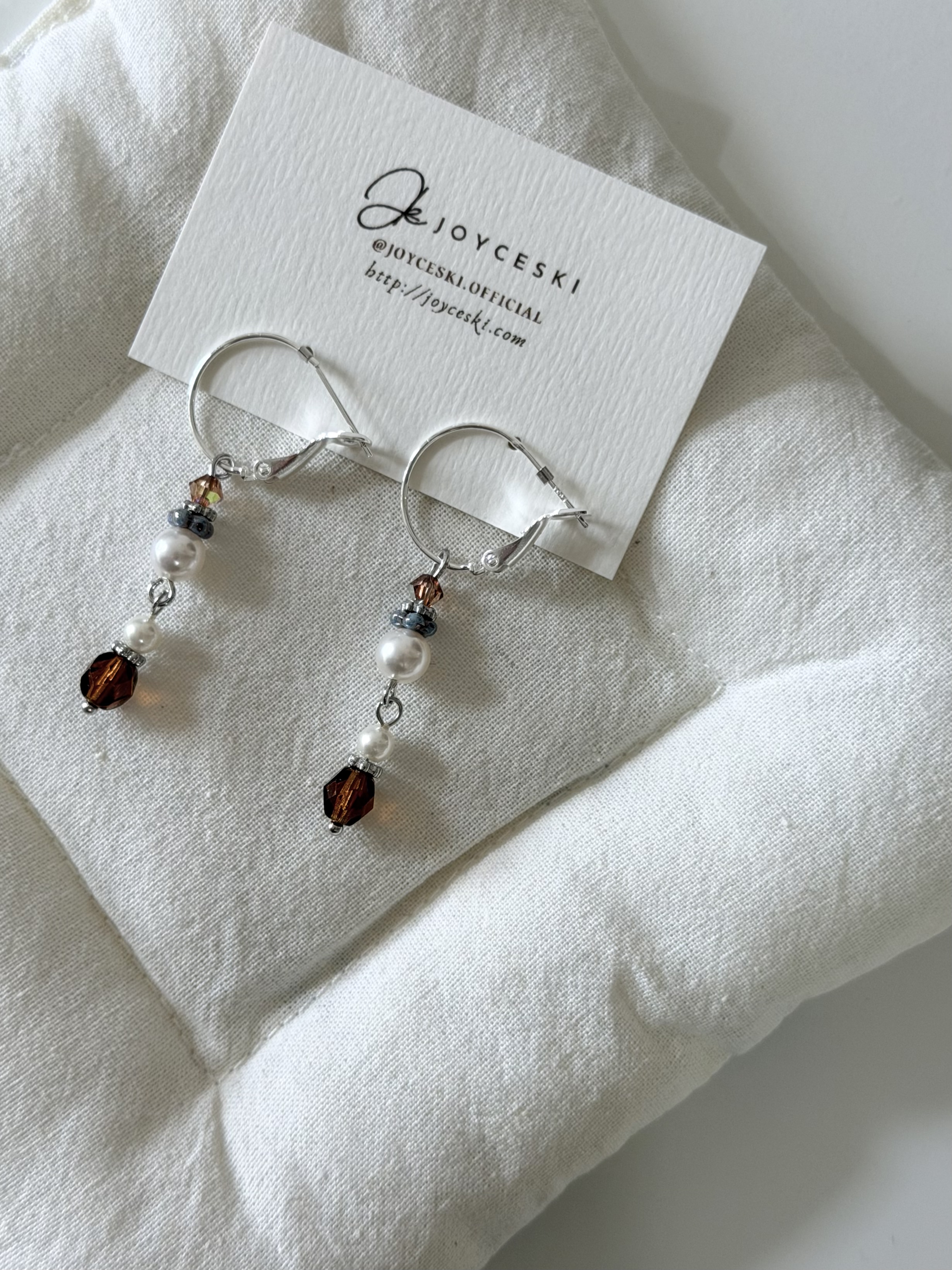 復古款水晶勾款耳環/棕色x銀色