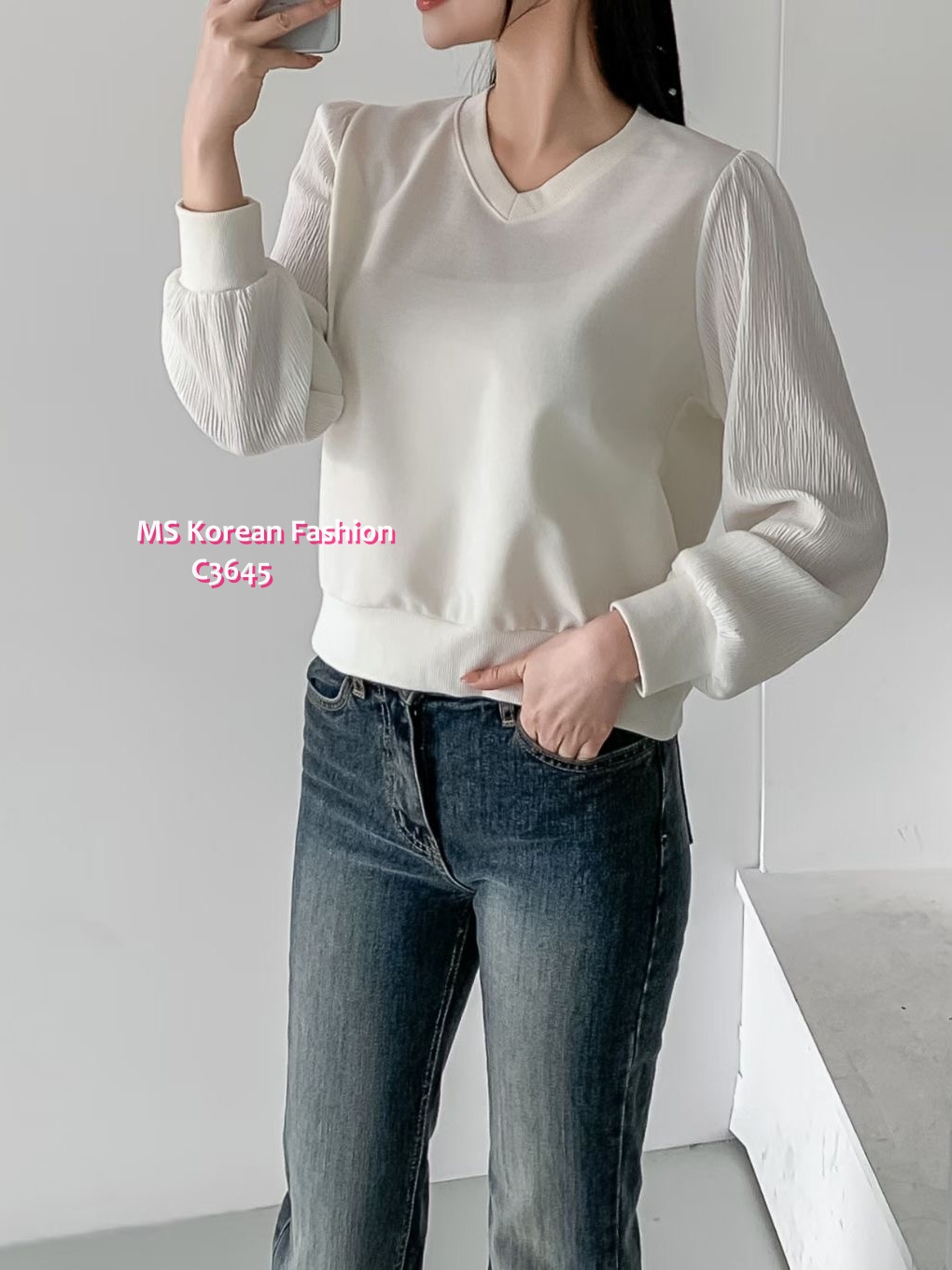 C3645 韓國🇰🇷V領直紋袖top