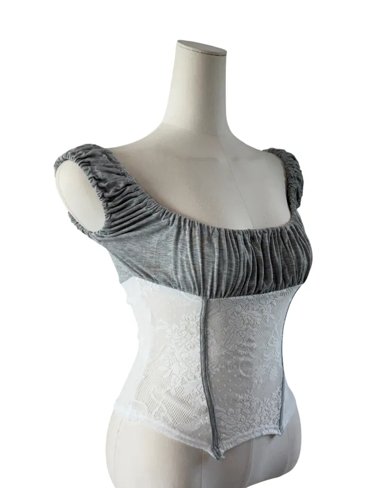 Ruched Sheer Lace Panel Corset Top