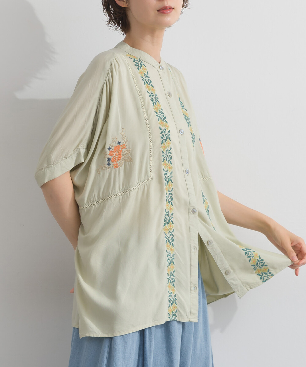 LP - 民族刺繡風格襯衫 (薄荷綠色)