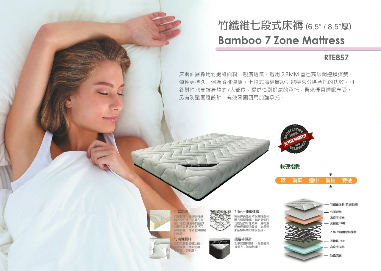 金寶麗RTE857竹纖七段護脊床褥
