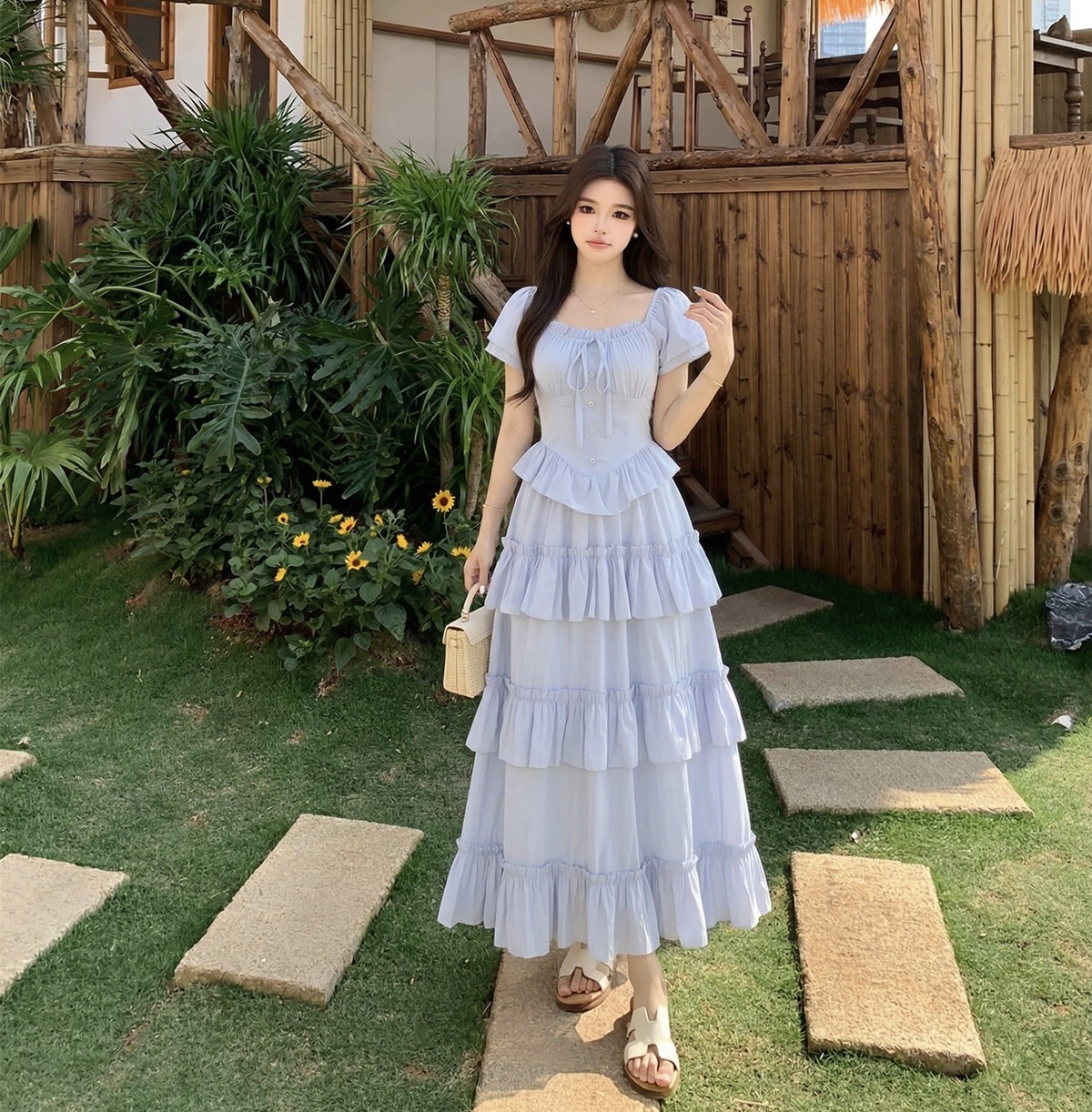 B189(8665) 法式蝴蝶结系带领边显瘦腰荷叶拼下摆层层蛋糕荷叶蓝连身裙 