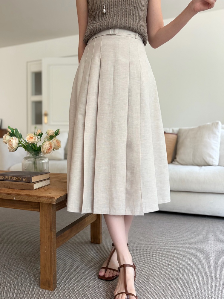 Linen Blend Pleated Skirt (Oat)