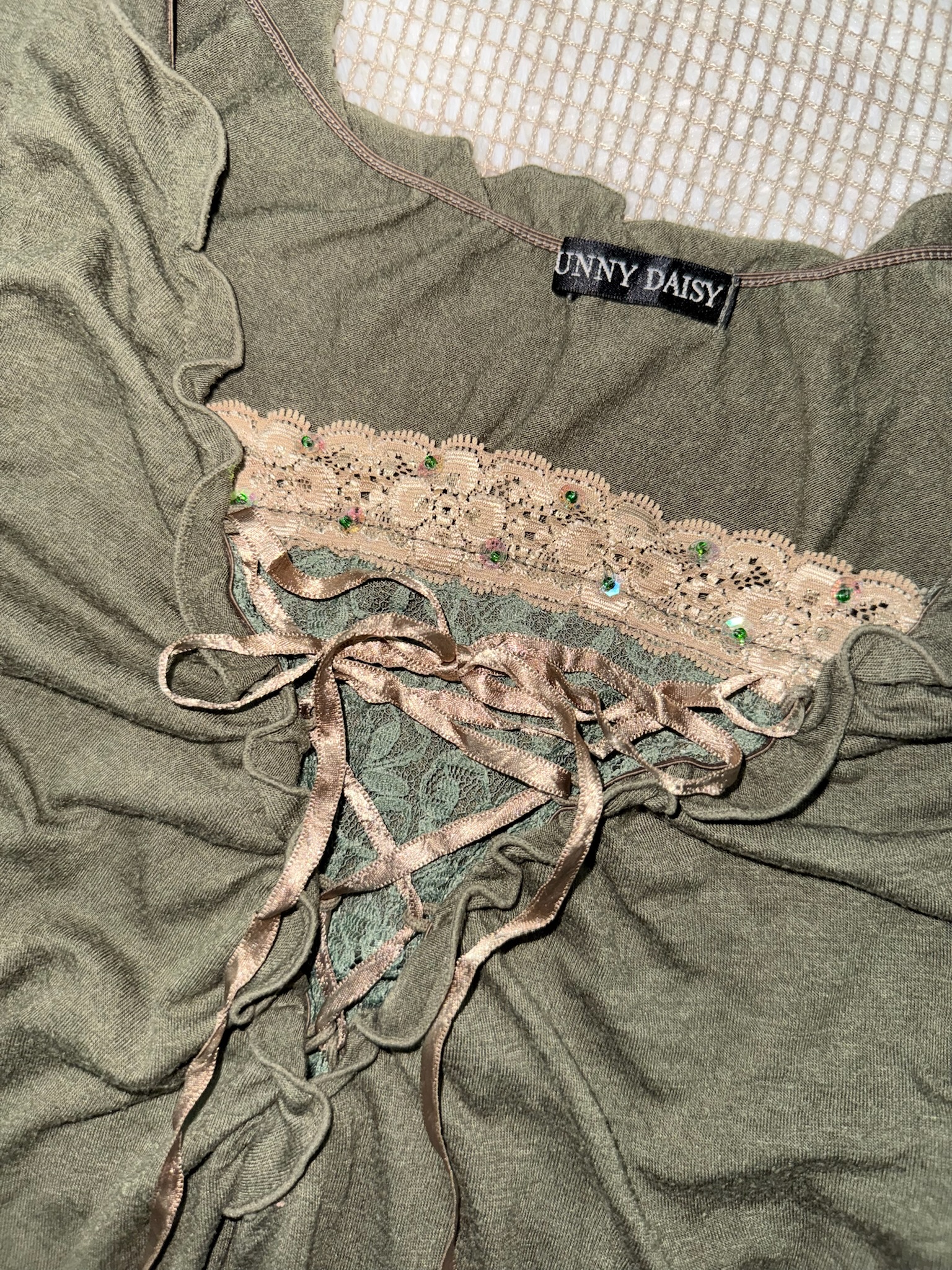 Khaki Green Lace Trim fairy Style Cami