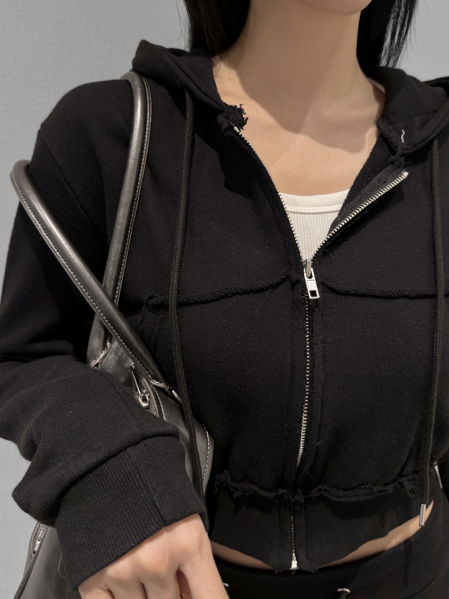 Distressed Cropped Zip-Up Hoodie