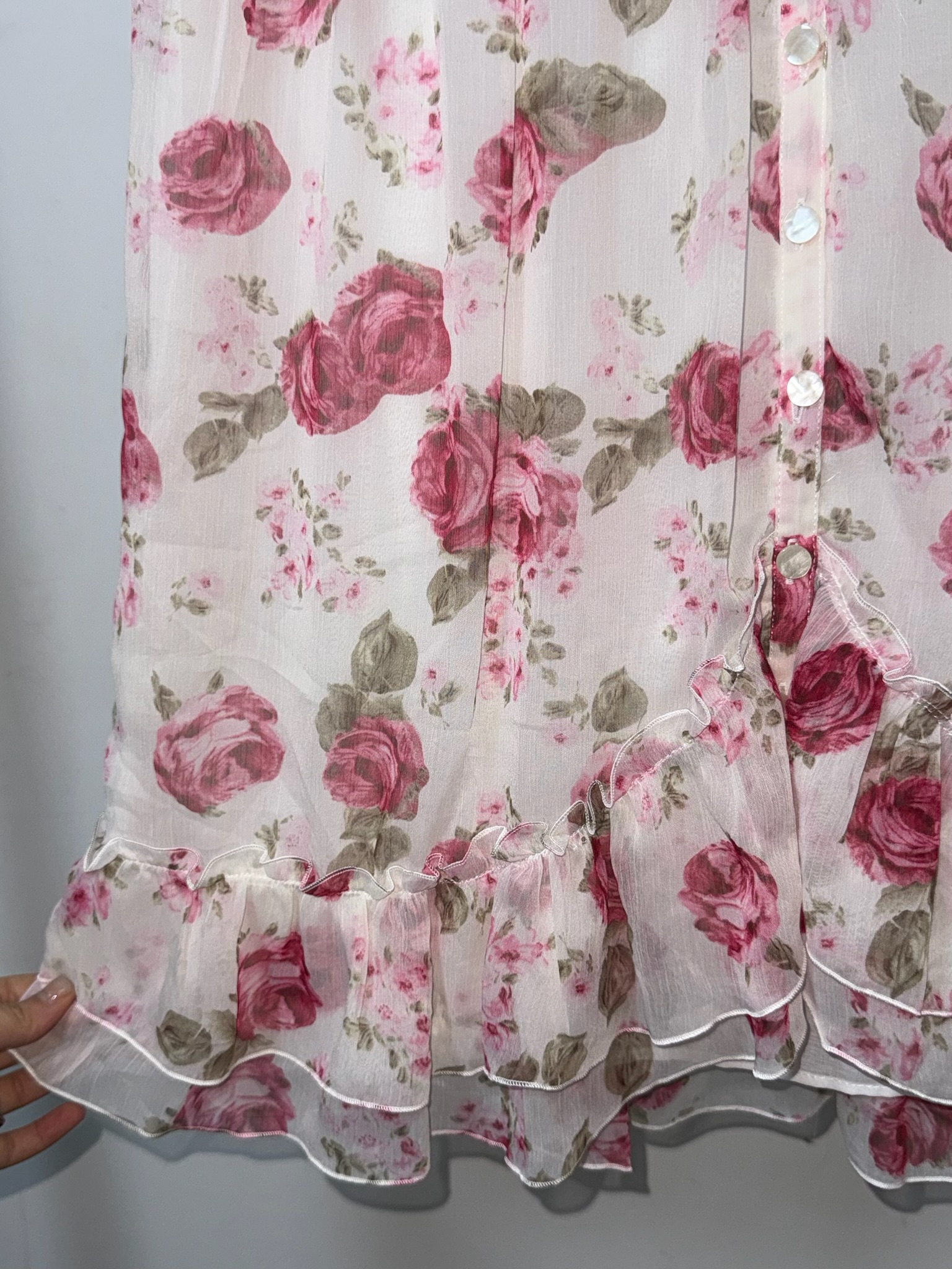 French Vintage Rose Print Lace-Trimmed Midi Dress
