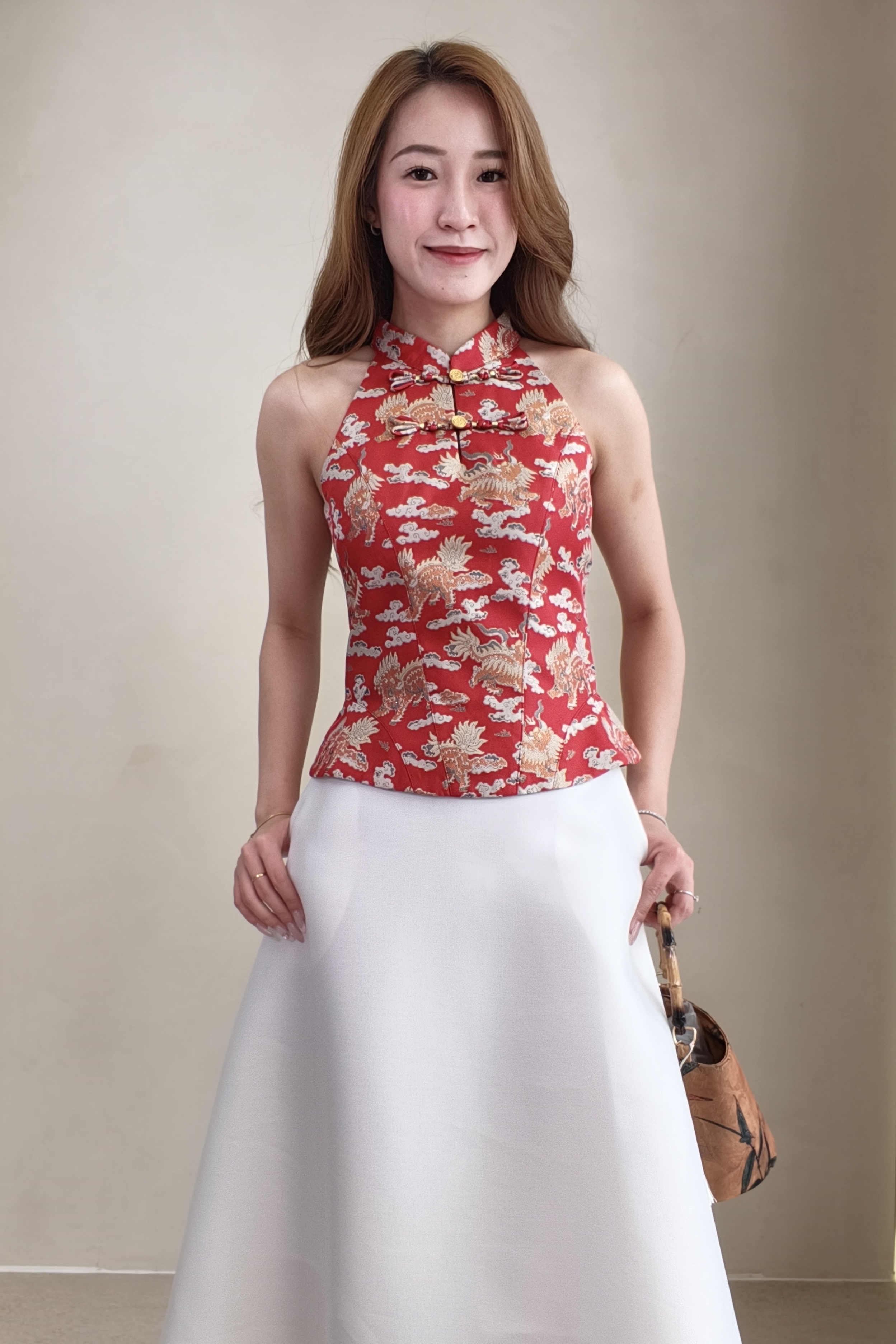 CB2790 Oriental Brocade Halter Peplum Top