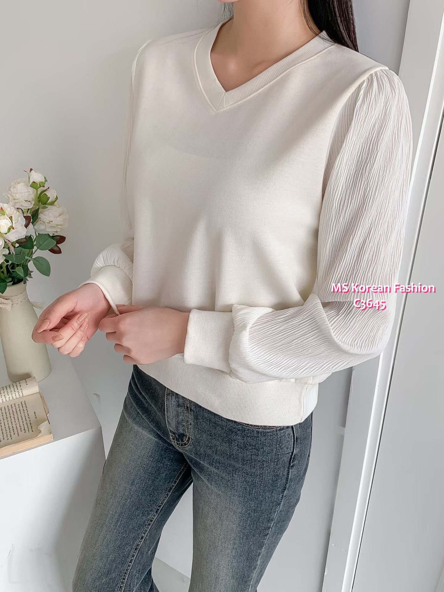 C3645 韓國🇰🇷V領直紋袖top