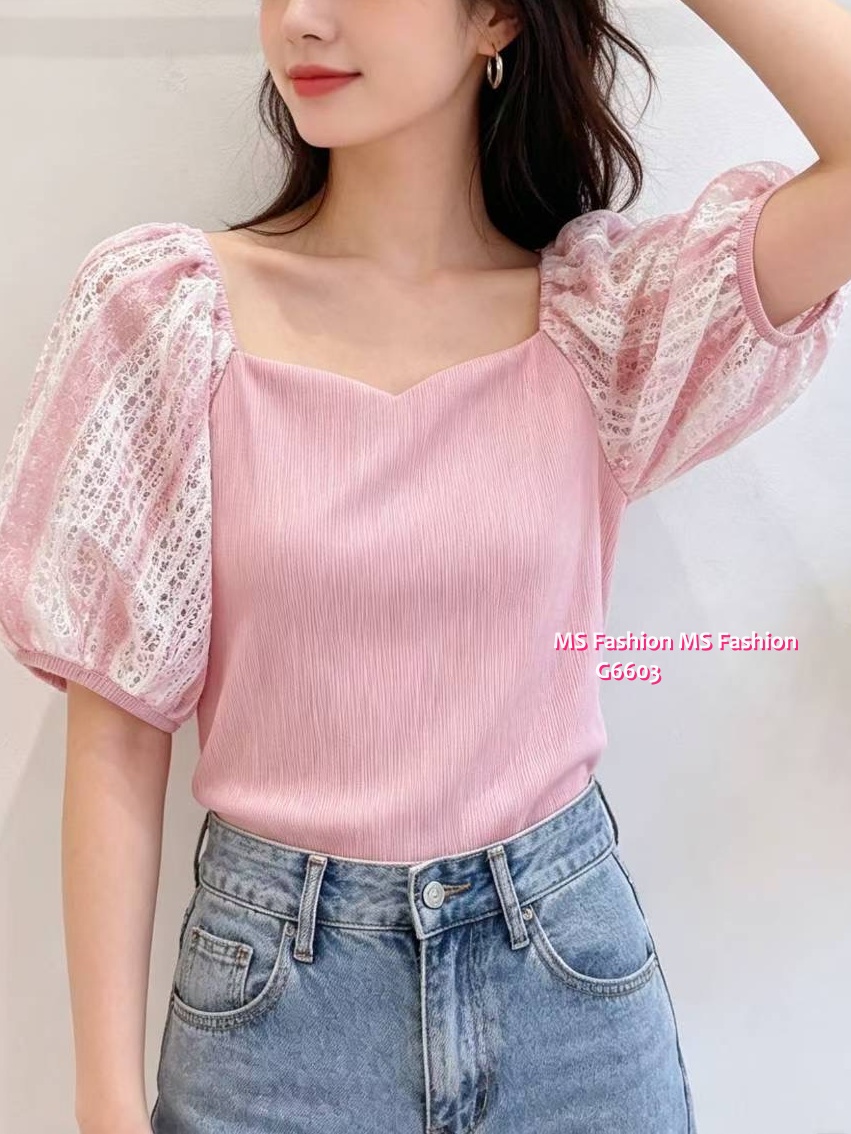 G6603 特色領通花泡泡袖top