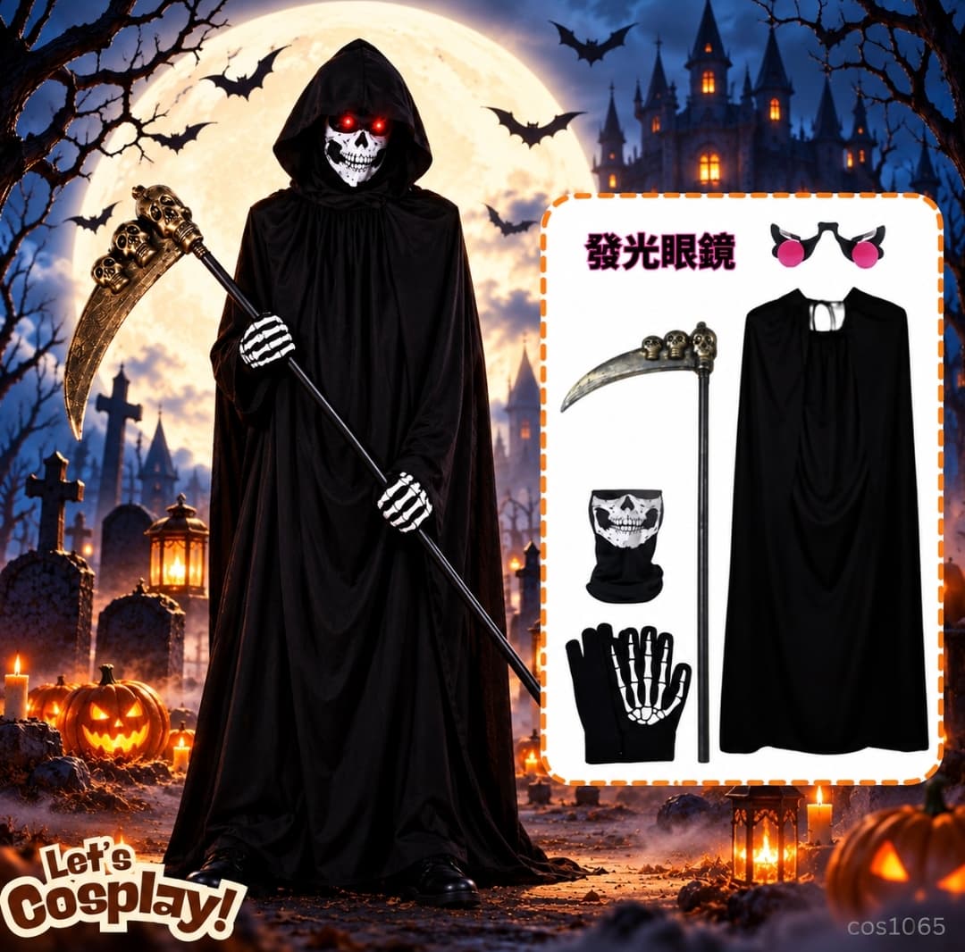 Halloween 死神 Cosplay 5件套 發光眼鏡骷髏面罩鐮刀 成人大童萬聖節 海洋公園哈囉喂打卡服裝 Lets Cosplay COS1065